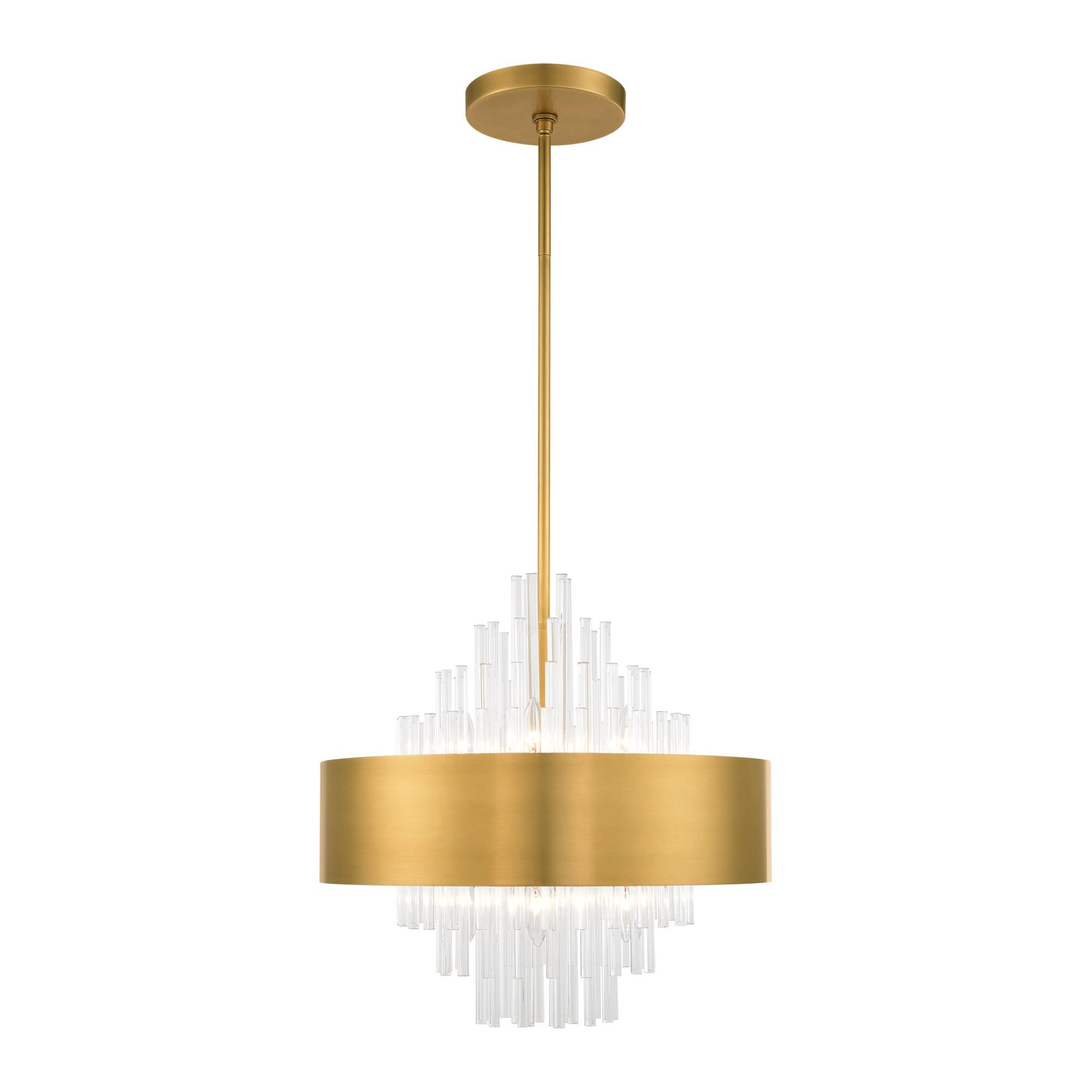 Shown in Natural Brass finish and Natural Brass Drum Shade With Clear Crystal Rods glass and Natural Brass Drum  With Clear Crystal Rods shade