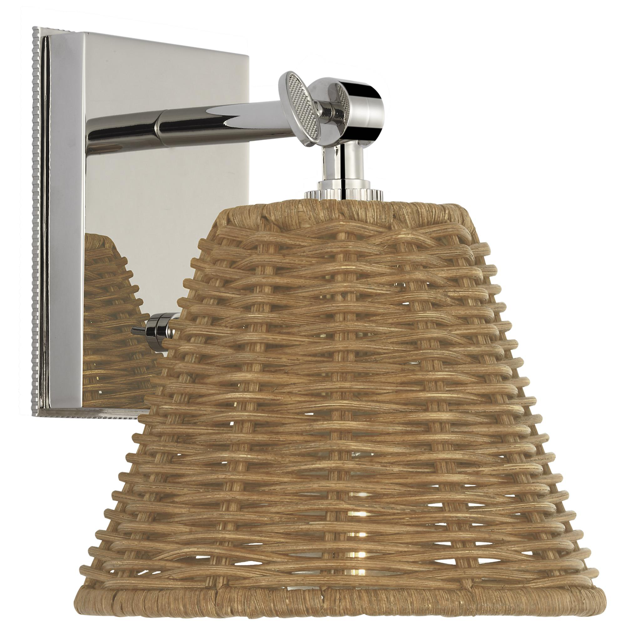 Shown in Polished Nickel finish and Natural Wicker shade