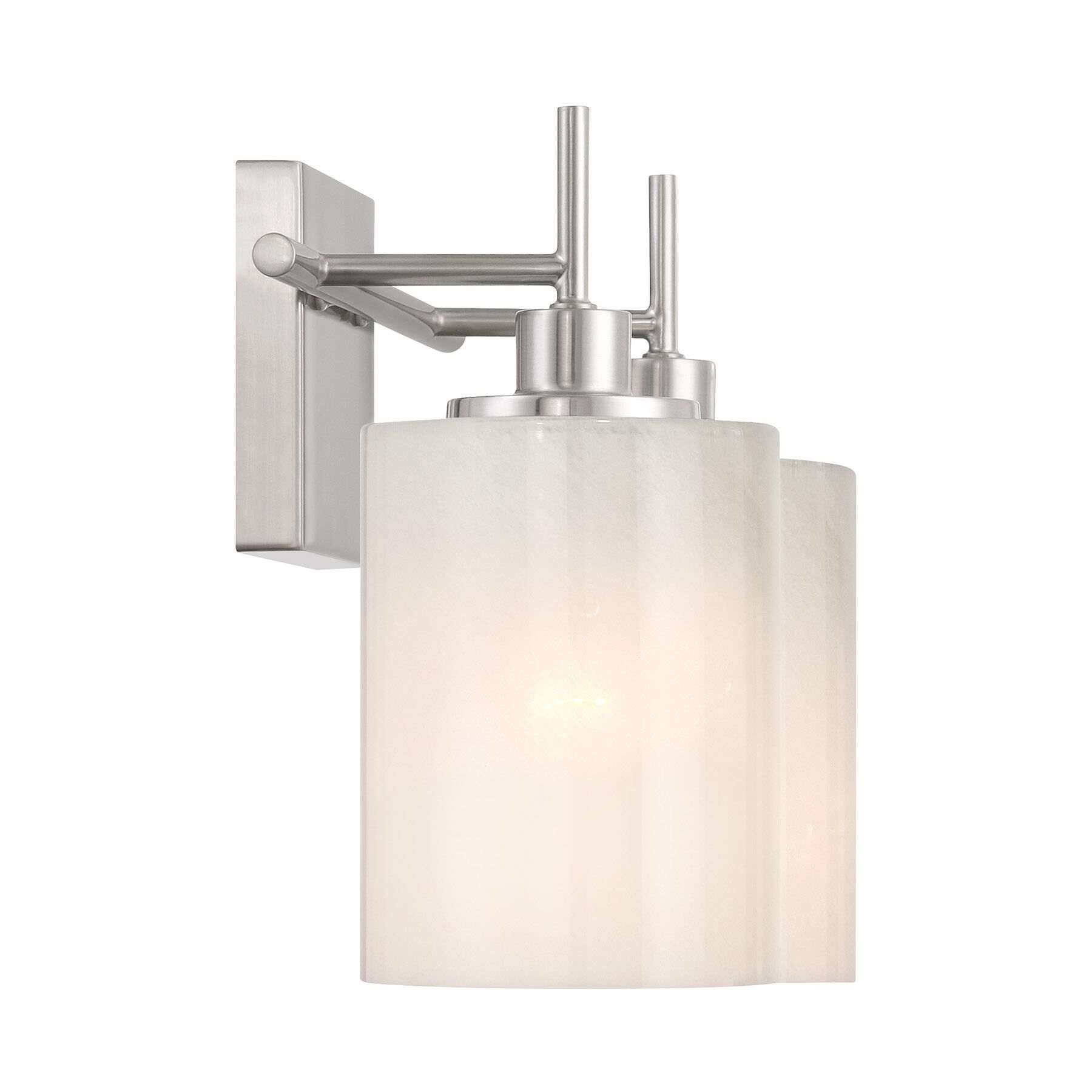 Shown in Brushed Nickel finish and White Strie glass