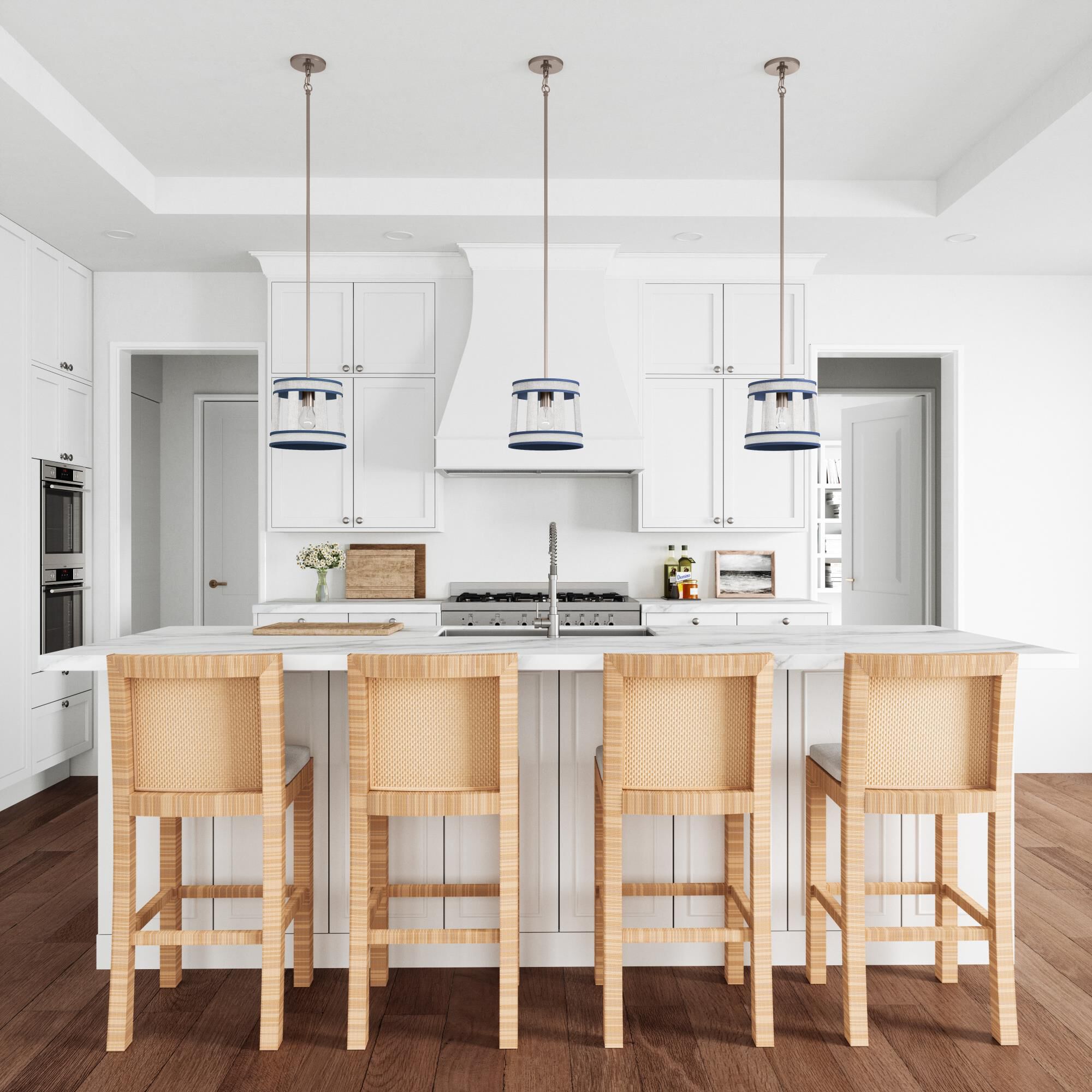 Shown in White finish and White Burlap and Metal shade