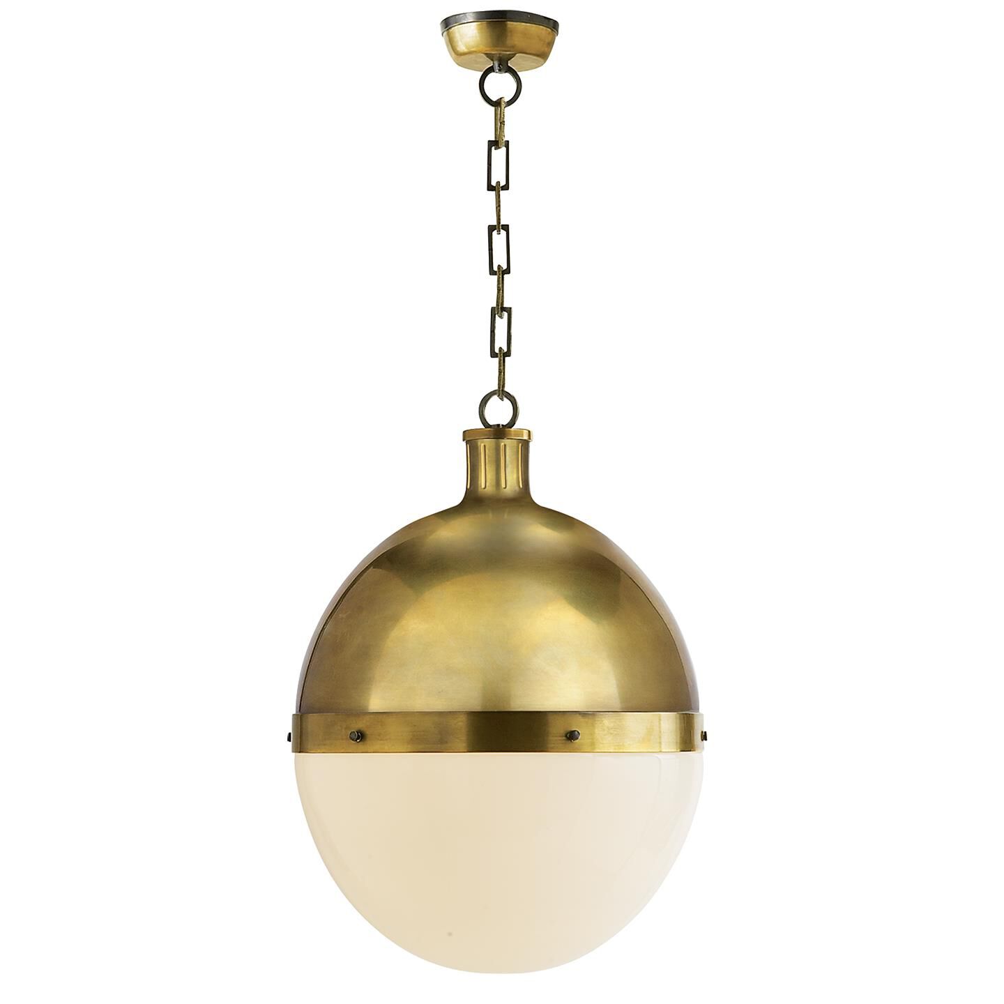 Shown in Hand-Rubbed Antique Brass finish and White glass