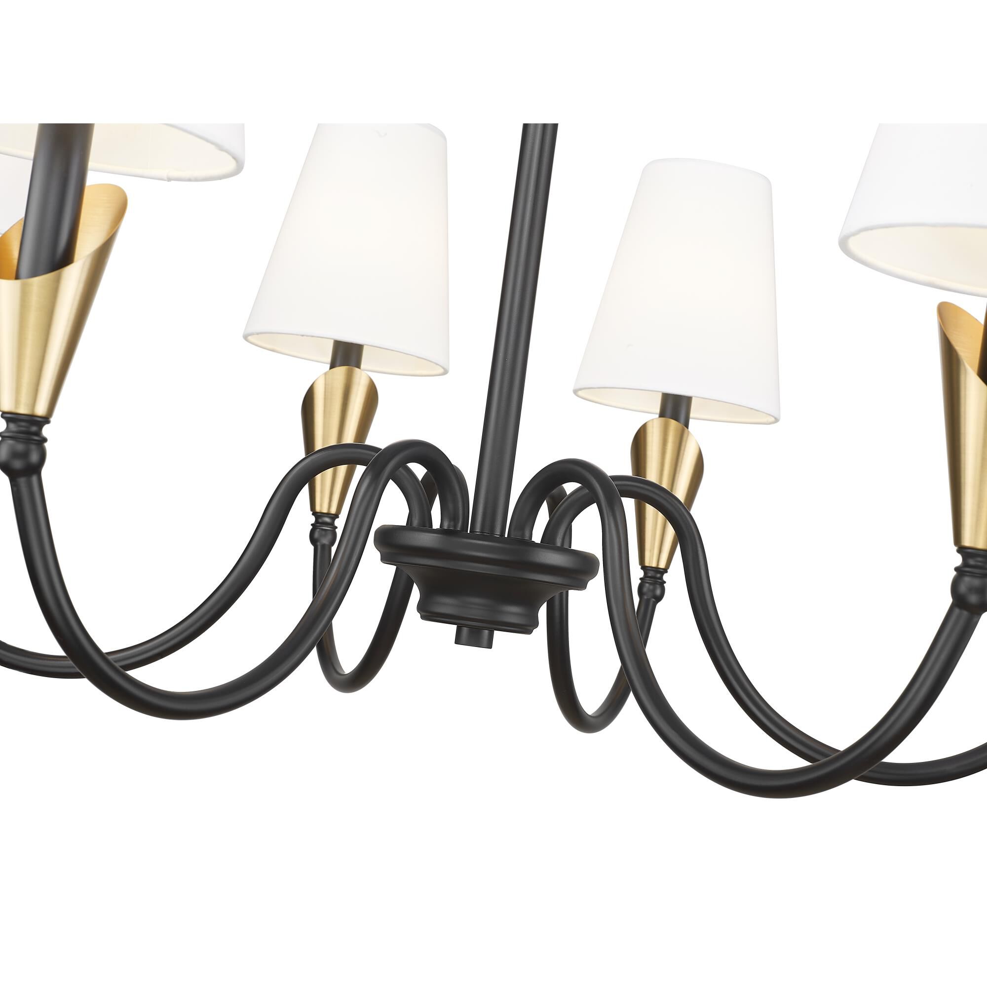 Shown in Matte Black And Modern Gold finish and White glass and White shade
