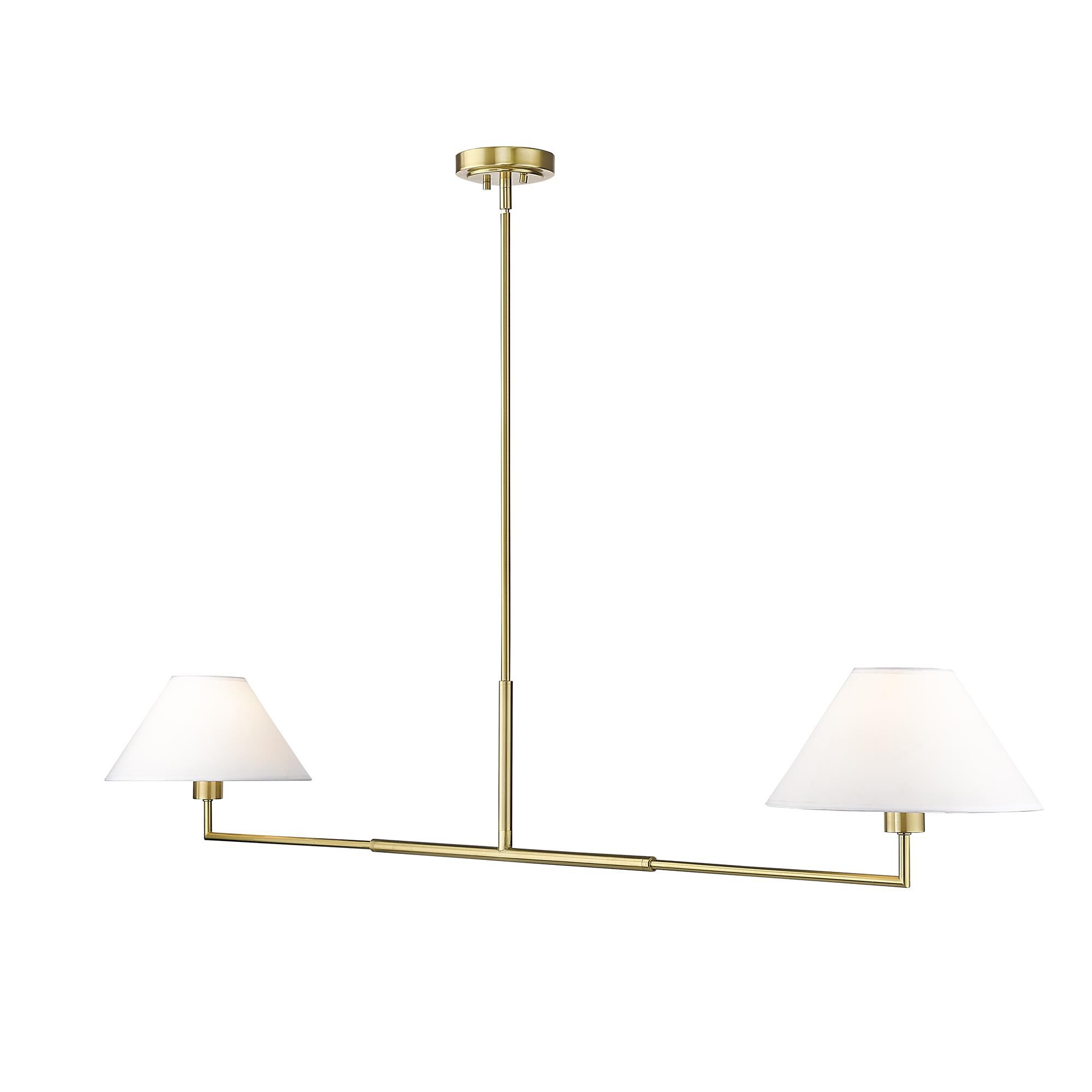 Shown in Luxe Gold finish and White Linen glass and White Linen shade