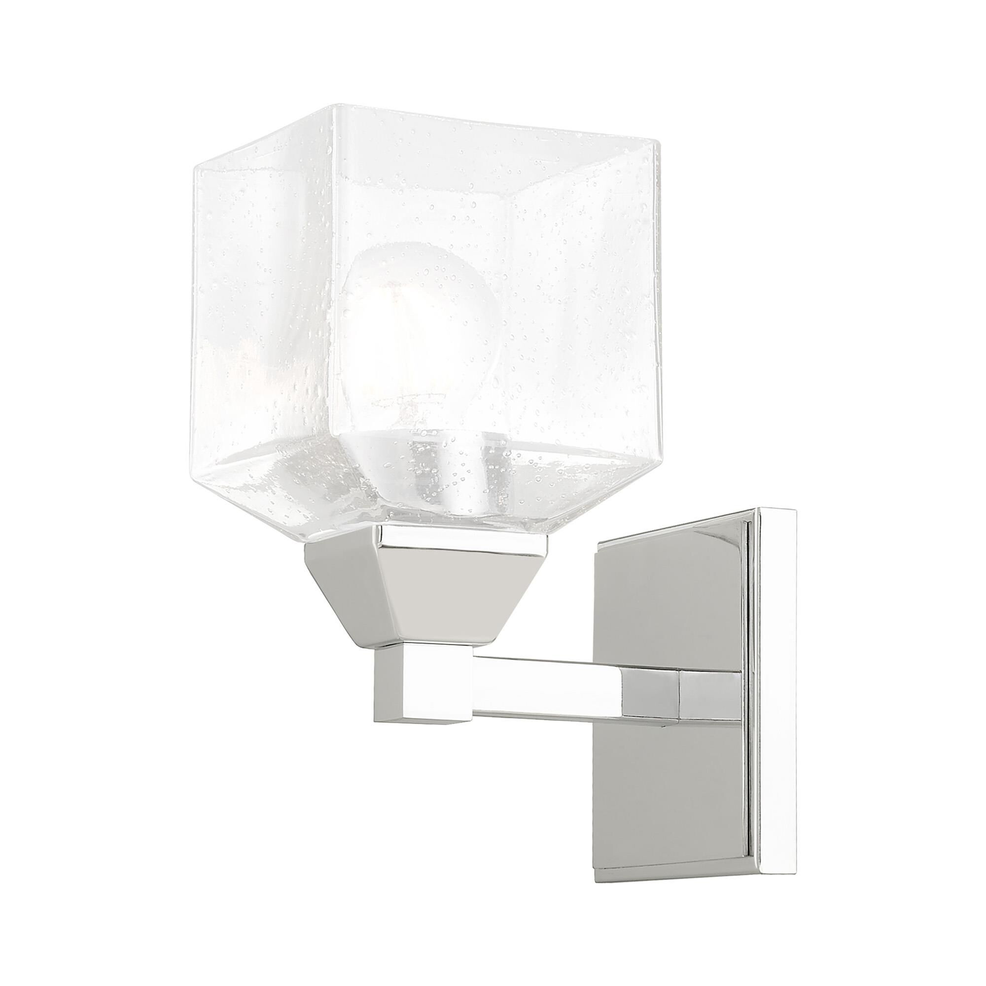 Shown in Polished Chrome finish and Hand Blown Clear Seeded glass
