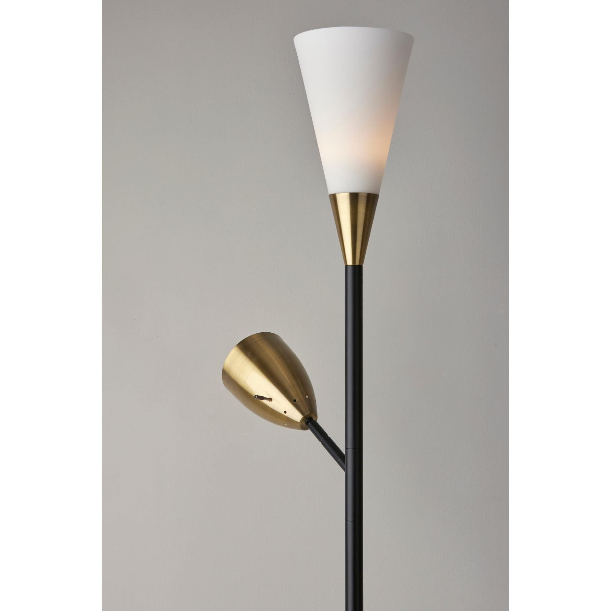 Shown in Black W. Antique Brass Accents finish and X glass and Frosted Glass shade