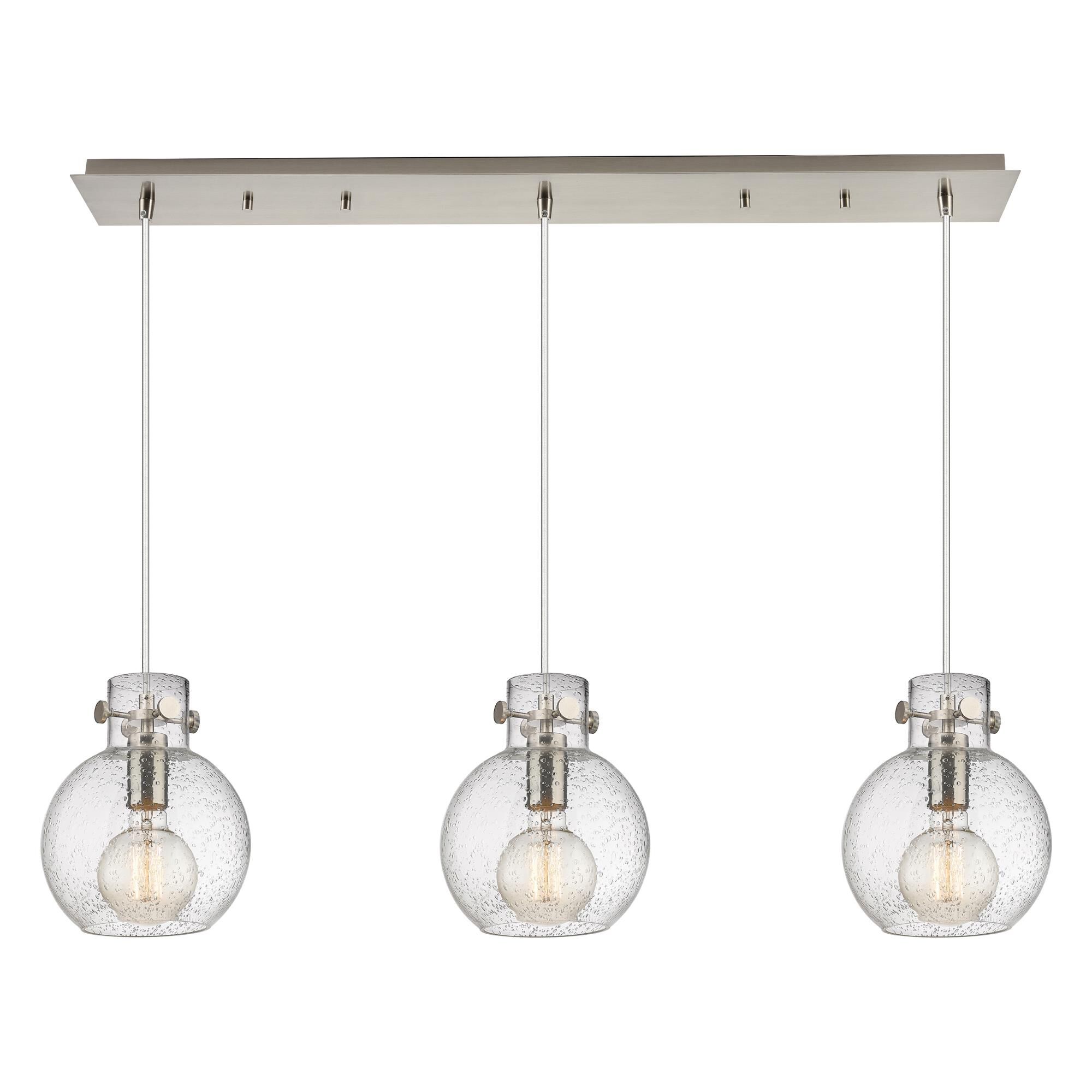 Shown in Brushed Satin Nickel finish and Seedy glass and Seedy Glass shade