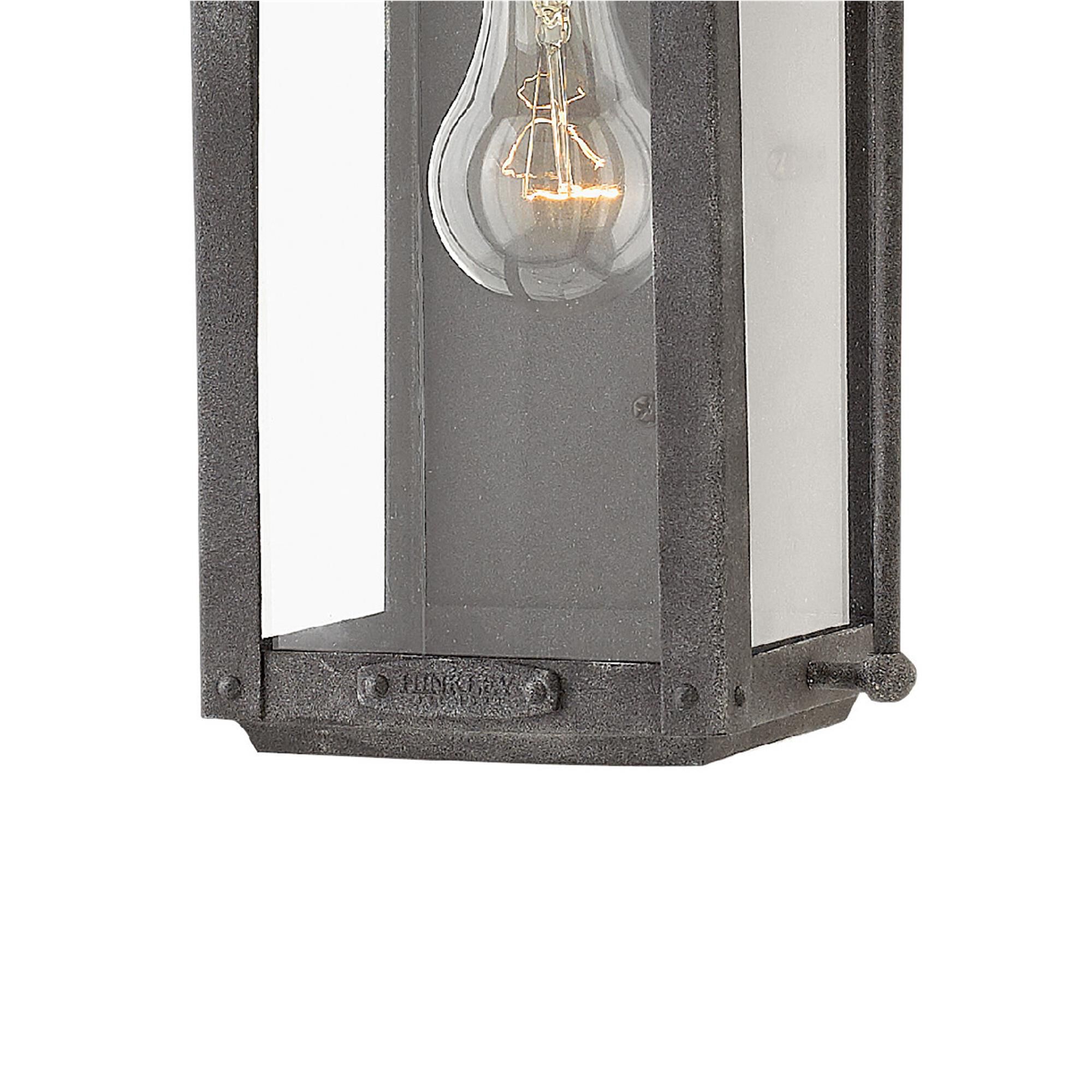 Shown in Aged Zinc finish and Clear glass