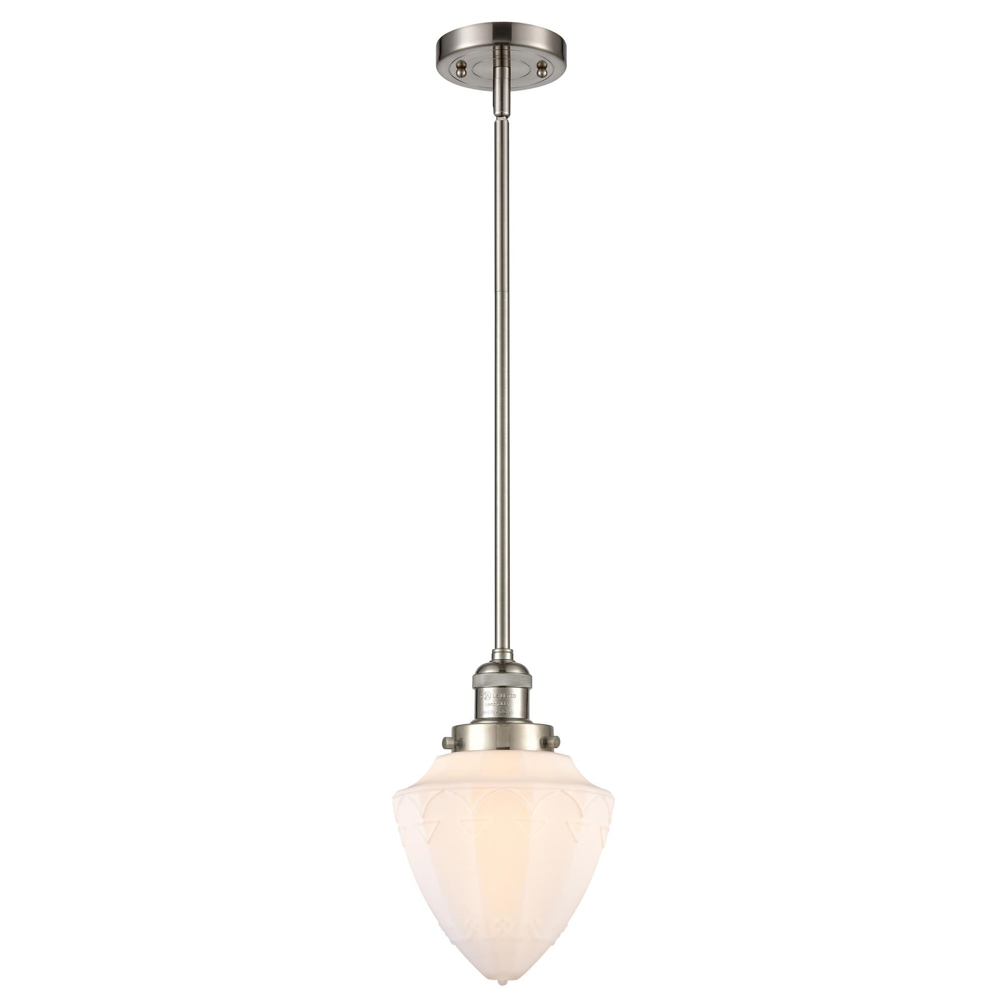 Shown in Brushed Satin Nickel finish and Matte White Cased Small Bullet glass
