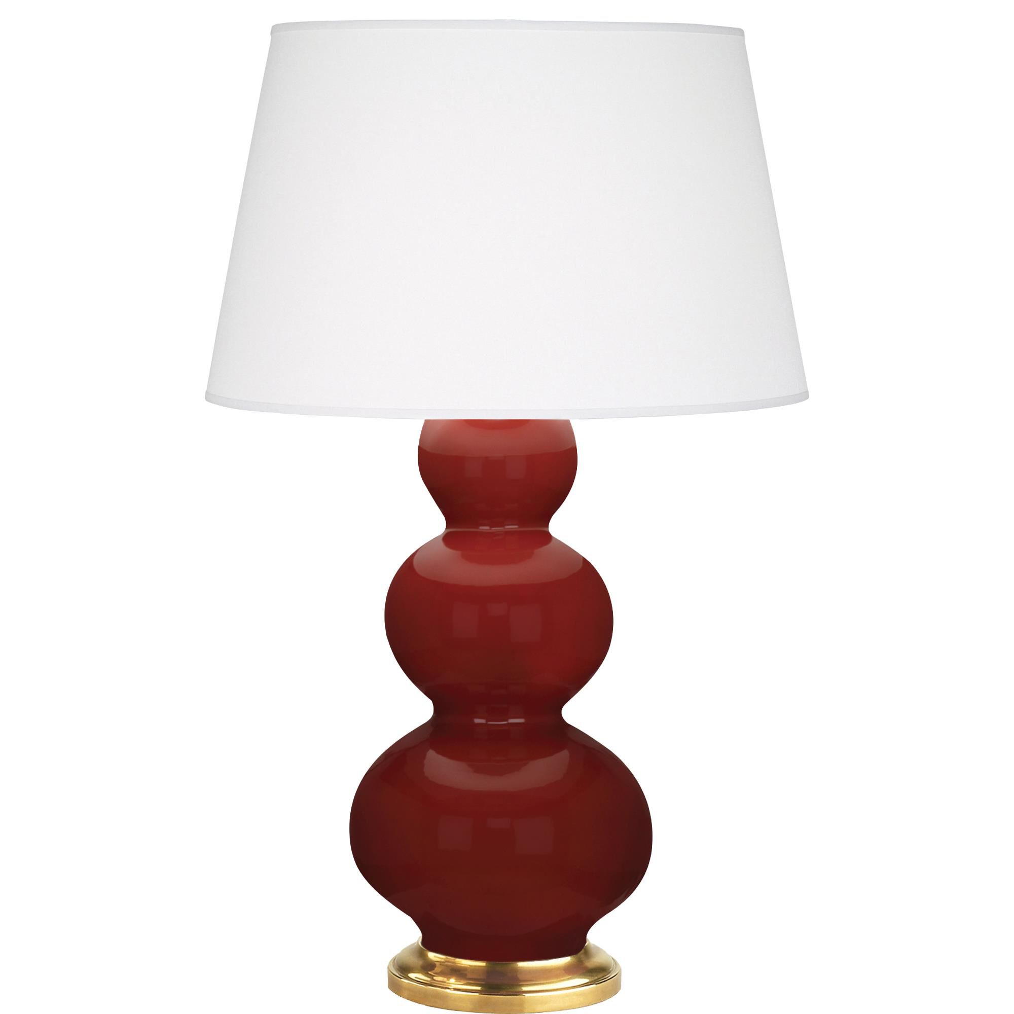 Shown in Oxblood finish and Pearl Dupioni shade and Antique Brass accent