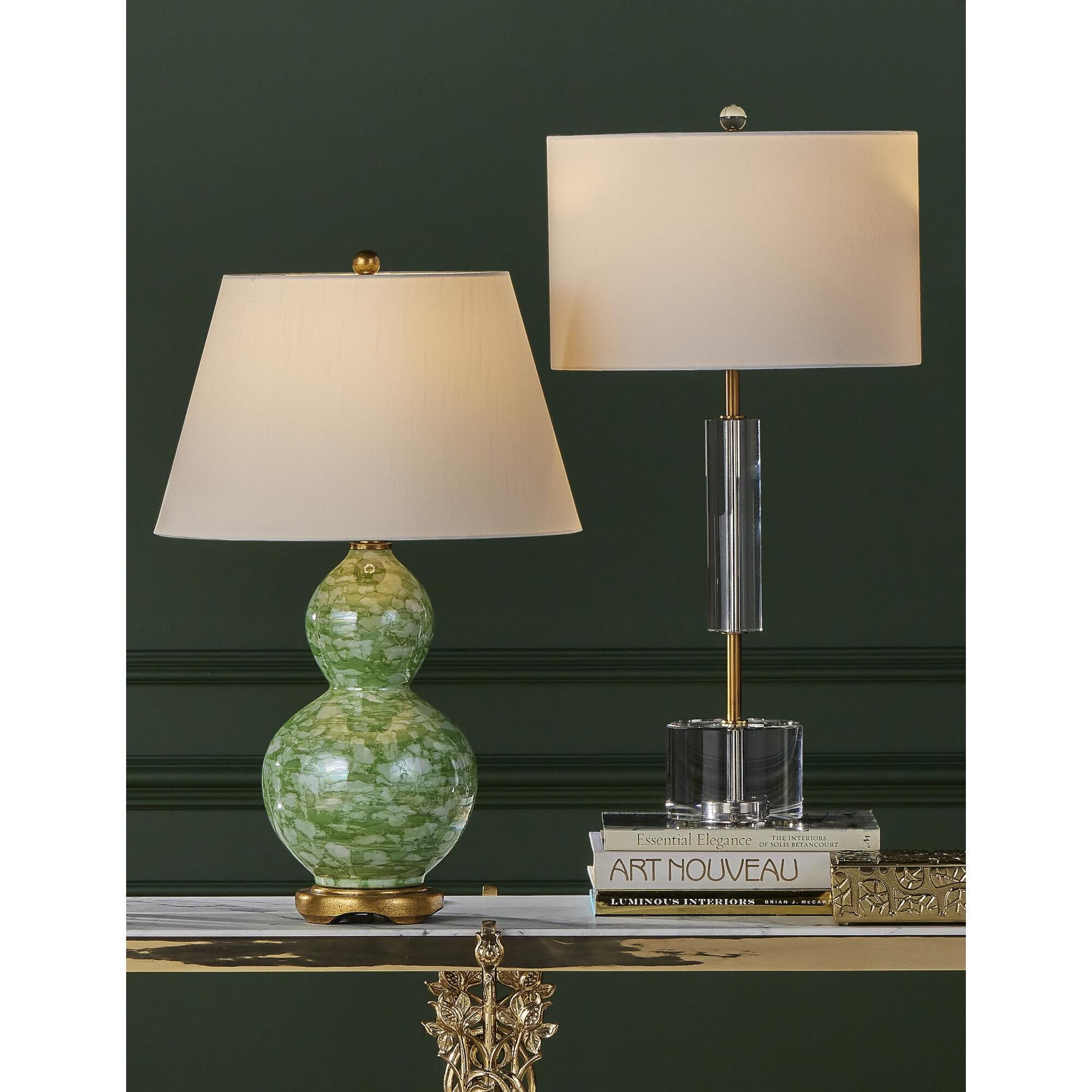 Shown in Clear, Antique Brass finish and Off-White Fine Linen shade