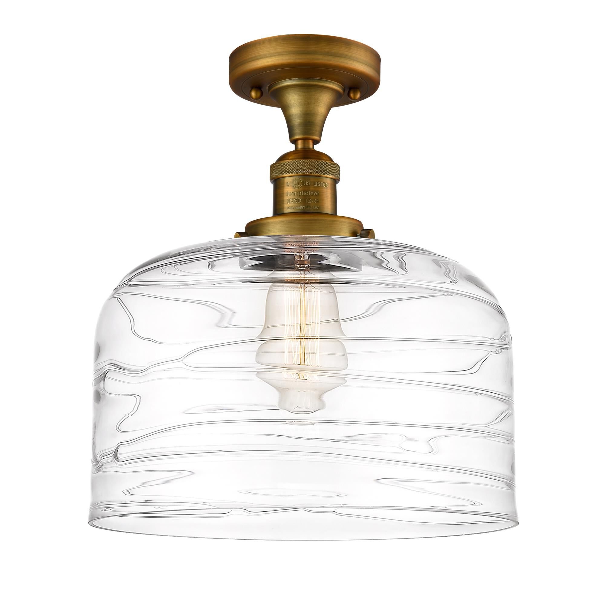 Shown in Brushed Brass finish and Clear Deco Swirl X-Large Bell glass