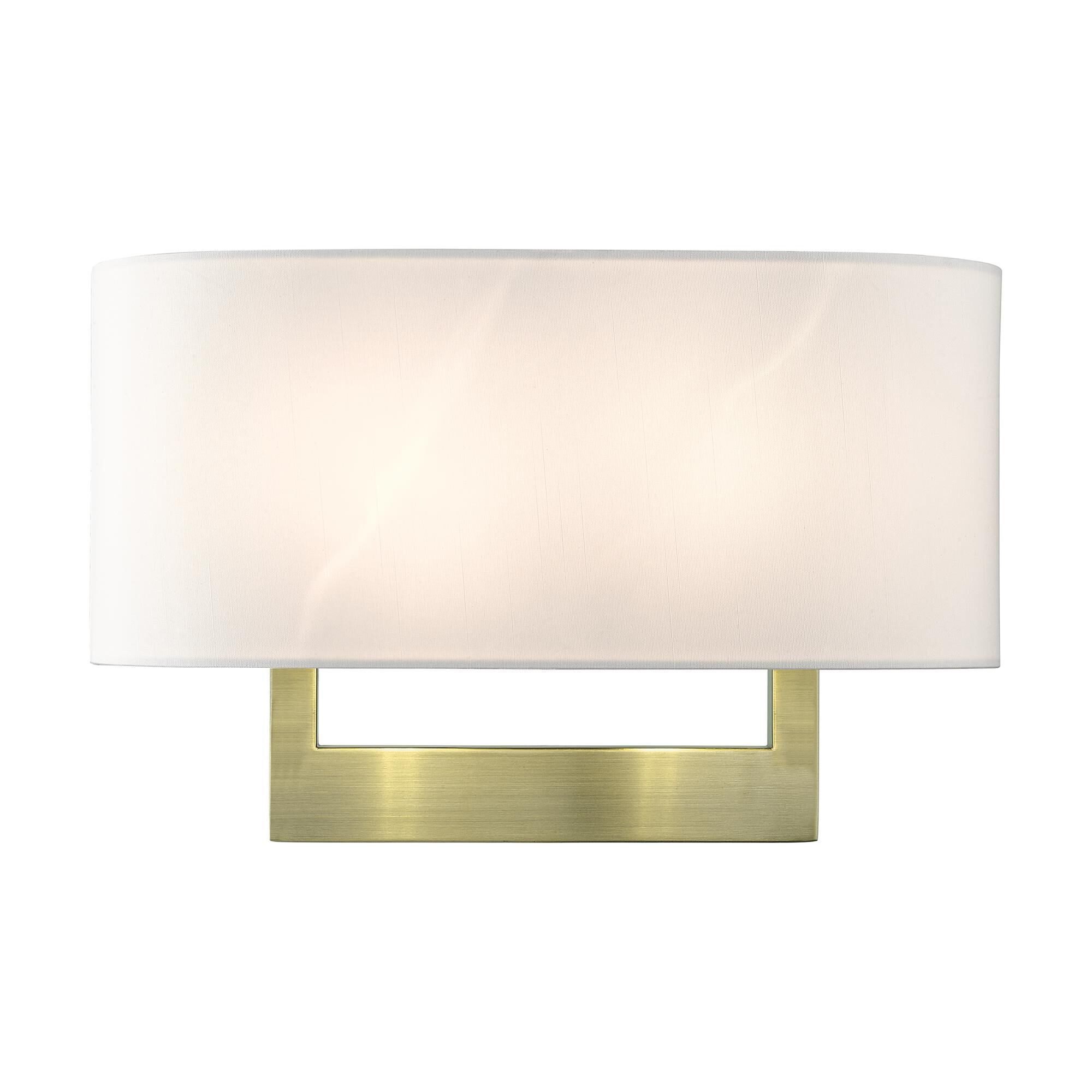 Shown in Antique Brass finish and Hand Crafted Off-White Color Hardback Fabric  With White Fabric Inside shade