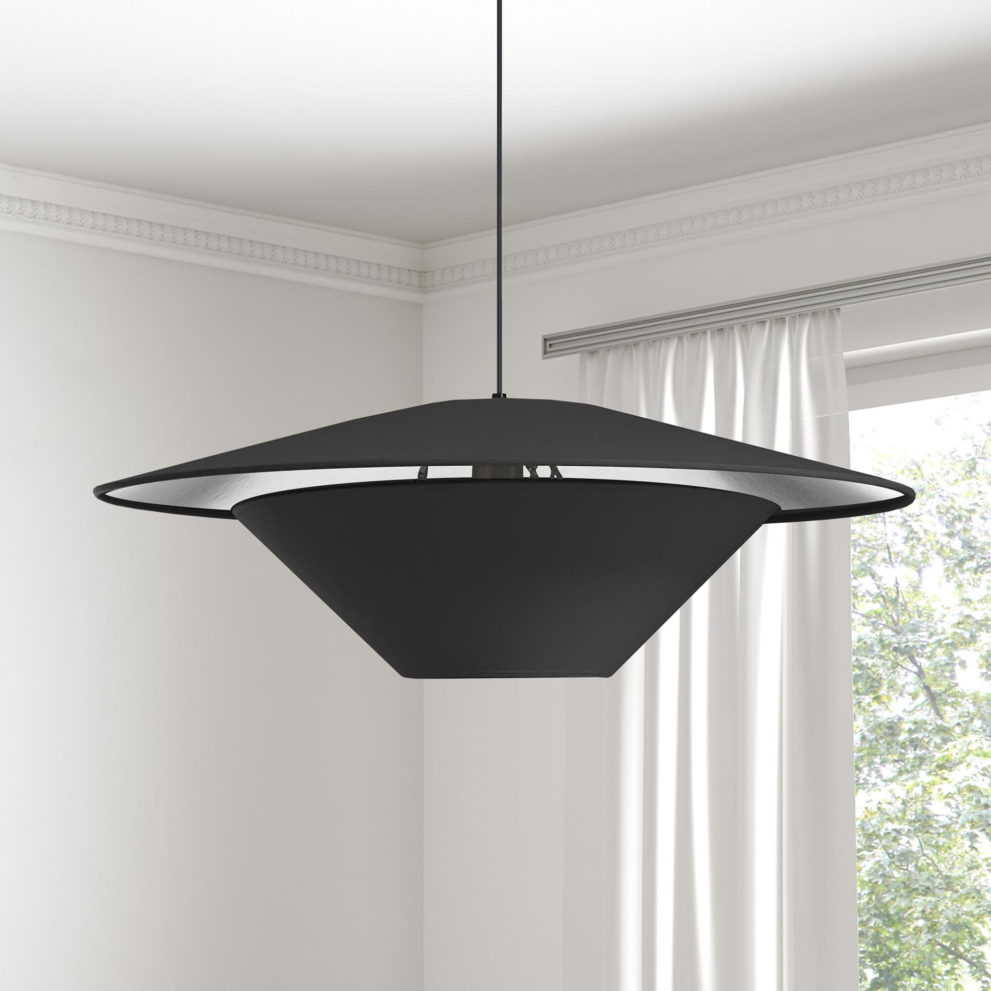Shown in Black and Silver finish and Black Fabric Tapered Drum shade