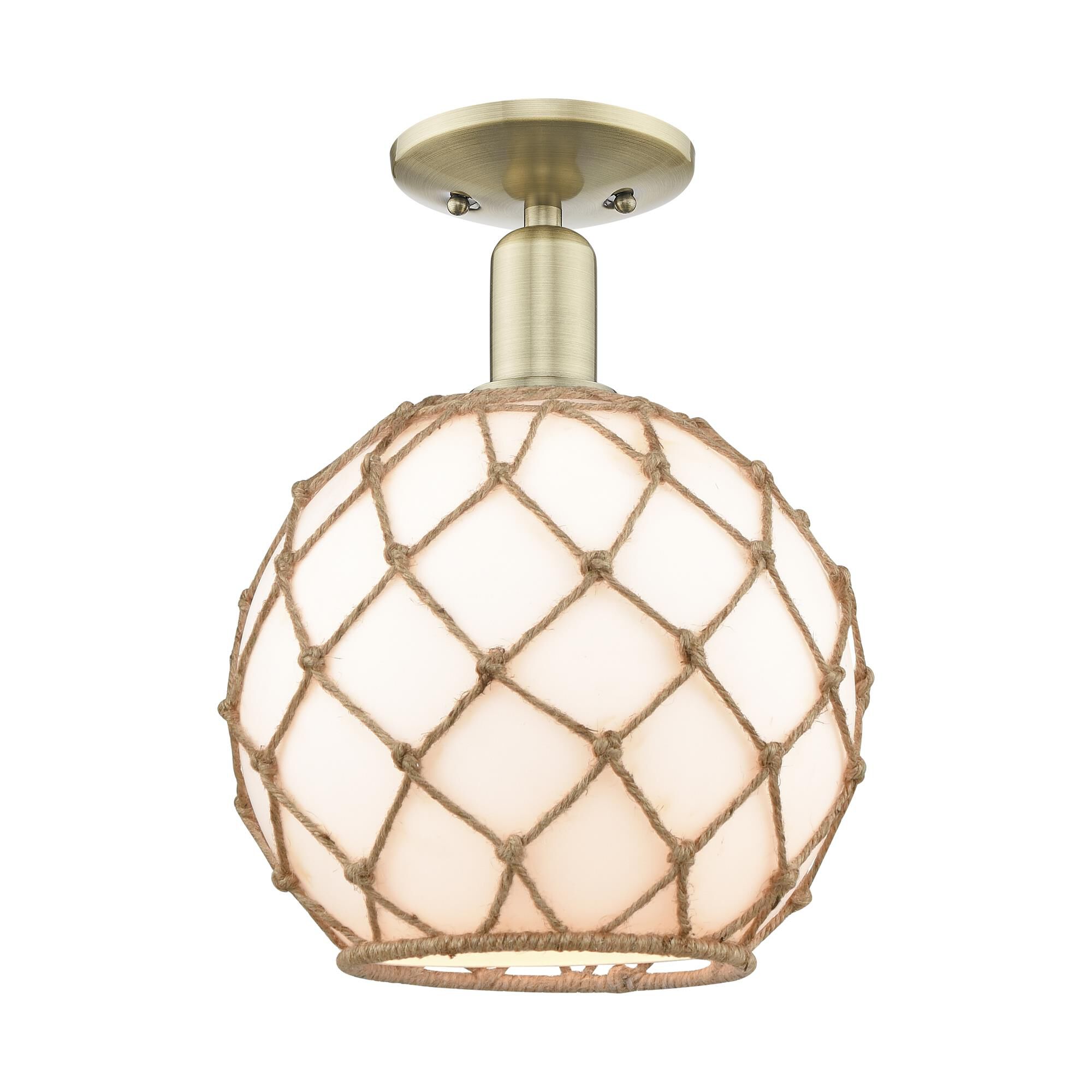Shown in Antique Brass finish and White with Brown Rope glass