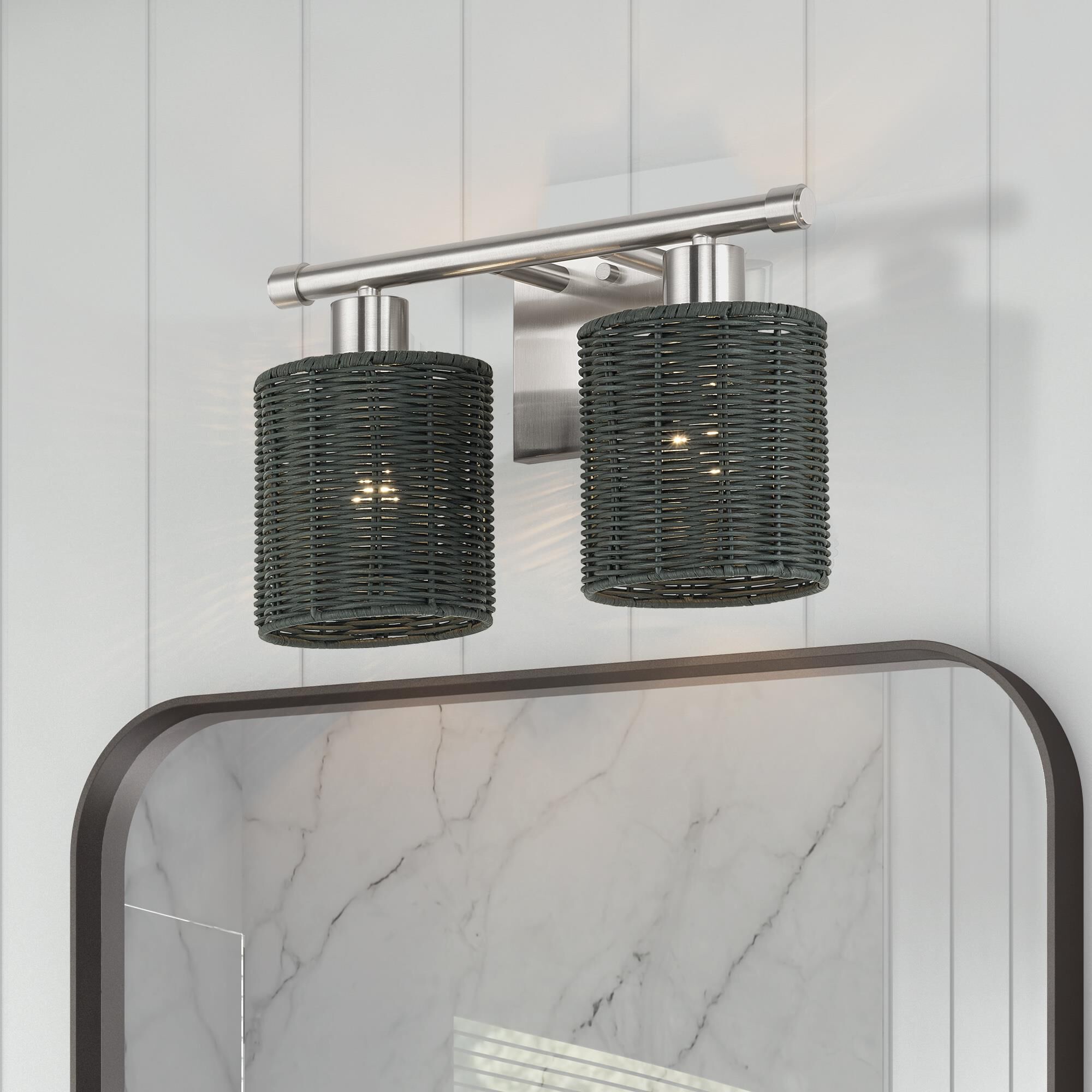 Shown in Brushed Nickel finish and Hand-Woven Charred Gray Color Rattan shade