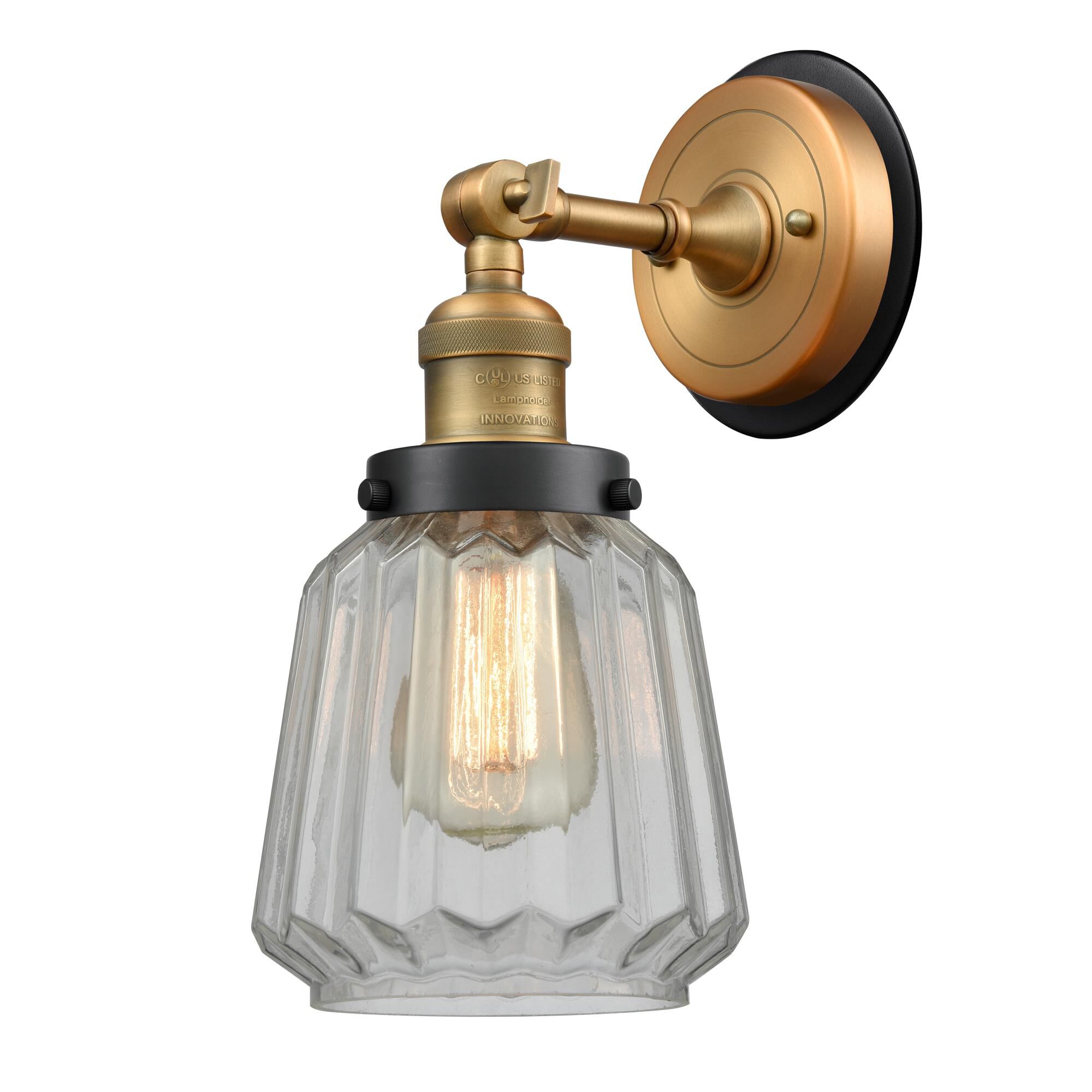 Shown in Brushed Brass finish and Clear Chatham glass and Matte Black Fitter accent