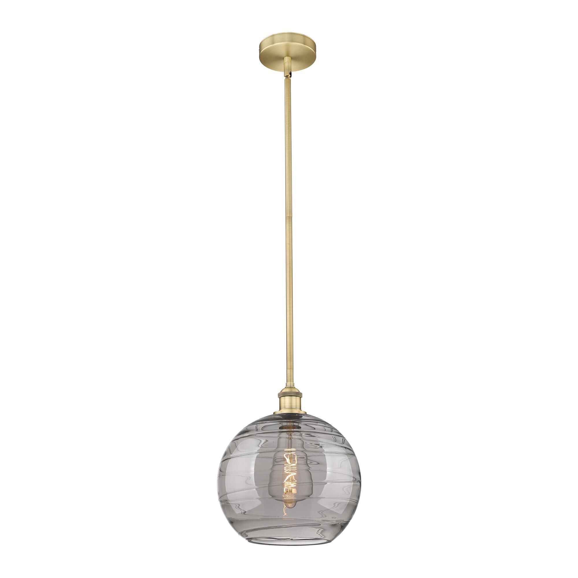Shown in Brushed Brass finish and Light Smoke Deco Swirl glass