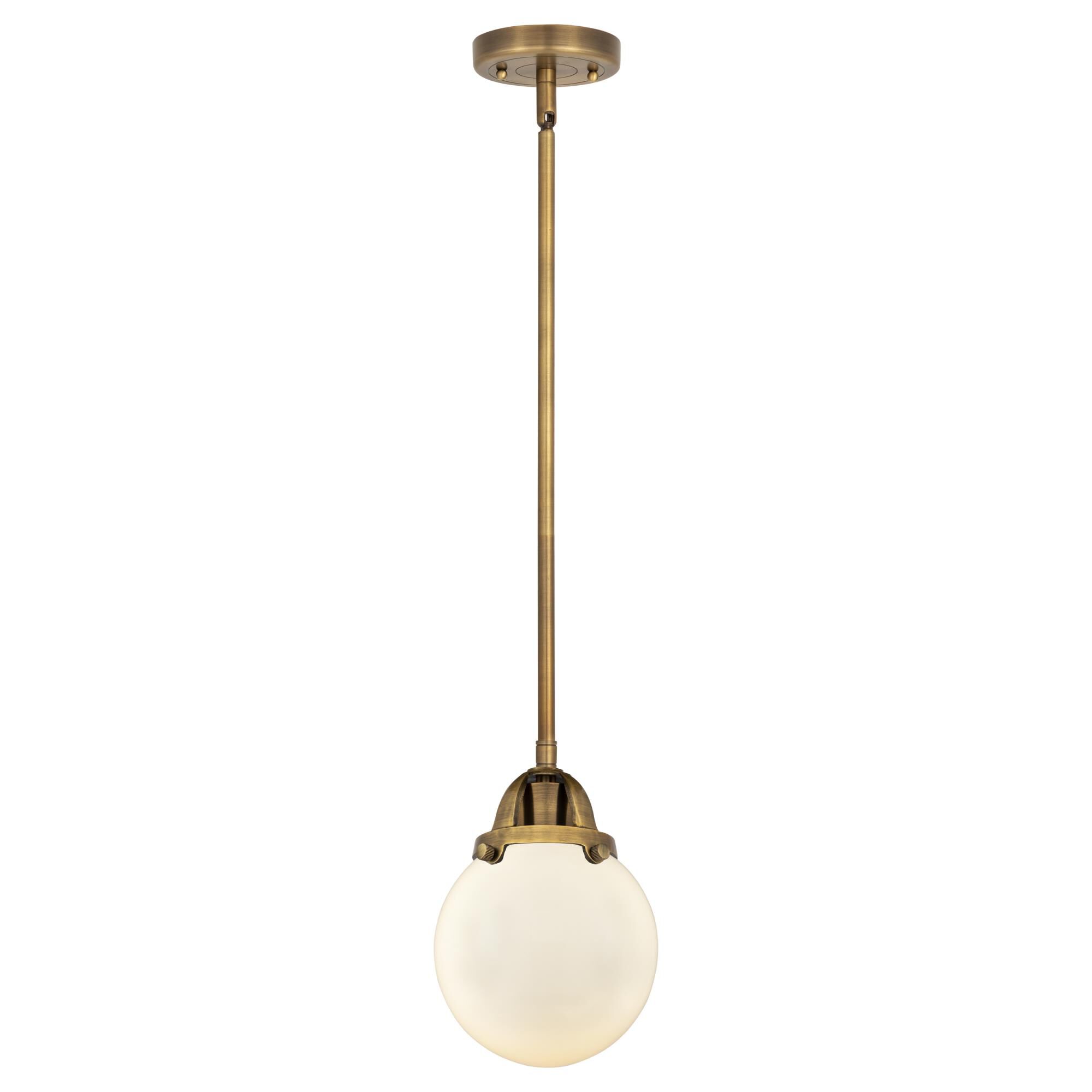 Shown in Brushed Brass finish and Matte White Globe glass and No Shade shade