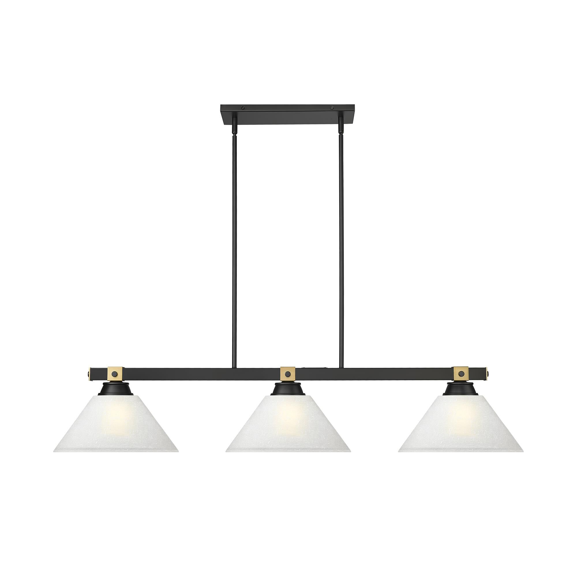Shown in Matte Black + Rubbed Brass finish and White Linen glass and White Linen shade