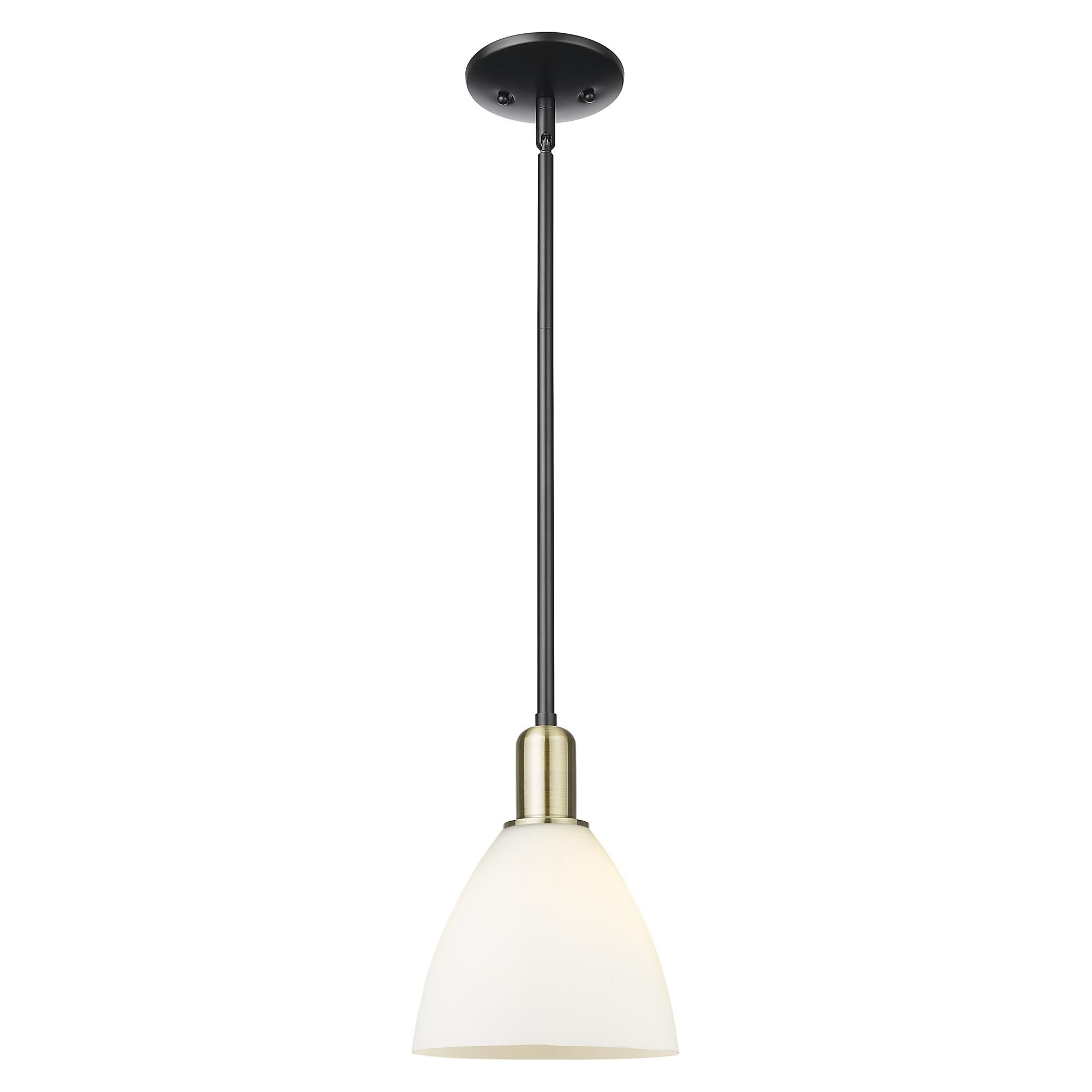 Shown in Black Antique Brass finish and Matte White glass