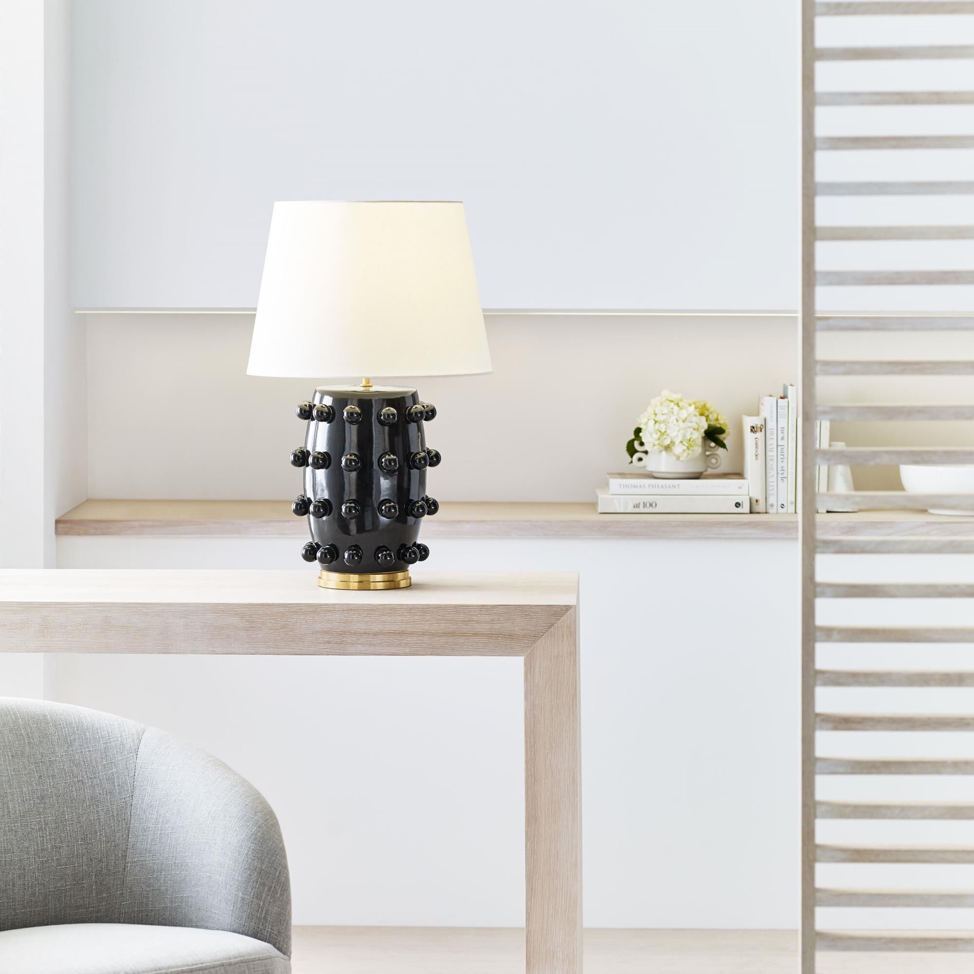 Shown in Black Porcelain finish and Linen shade