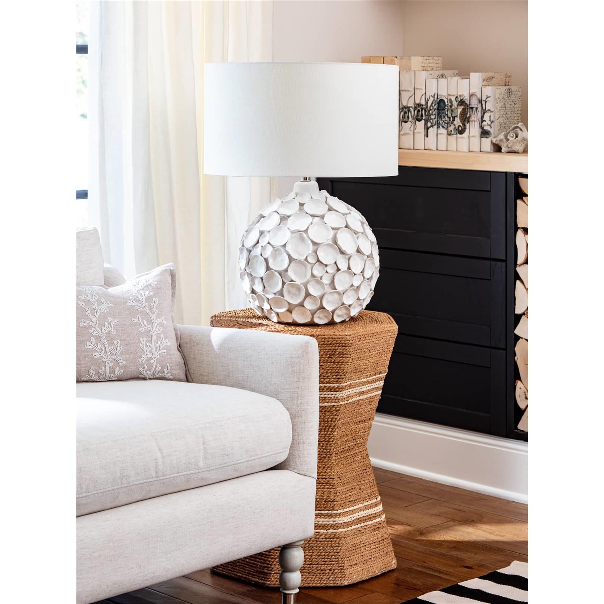 Shown in White finish and Linen shade