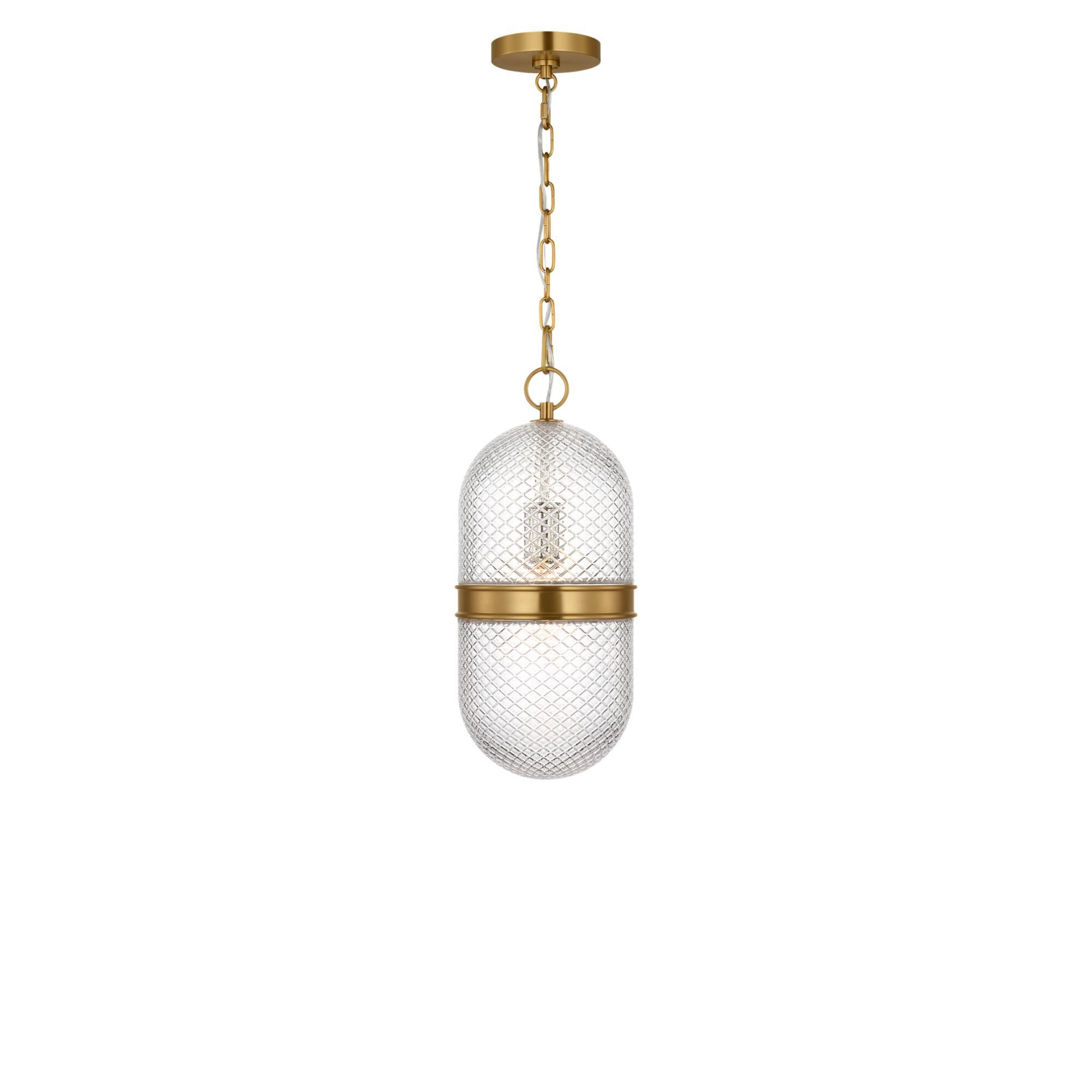 Shown in Burnished Brass finish and Textured Transparent Prismatic glass