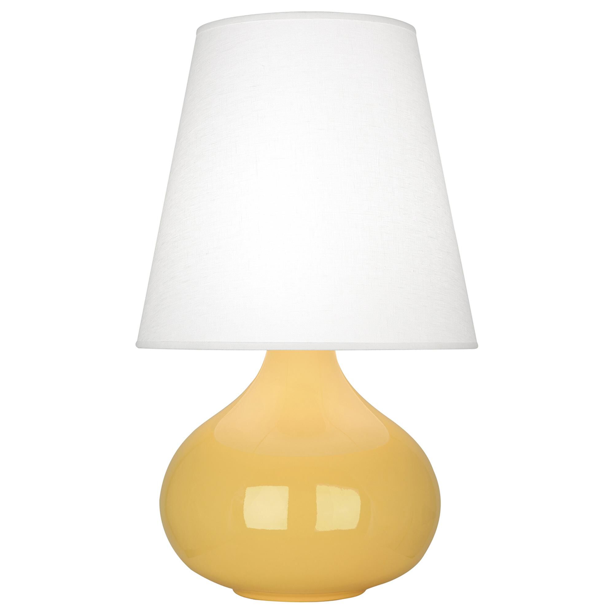 Shown in Sunset Yellow Glazed Ceramic finish and Oyster Linen shade