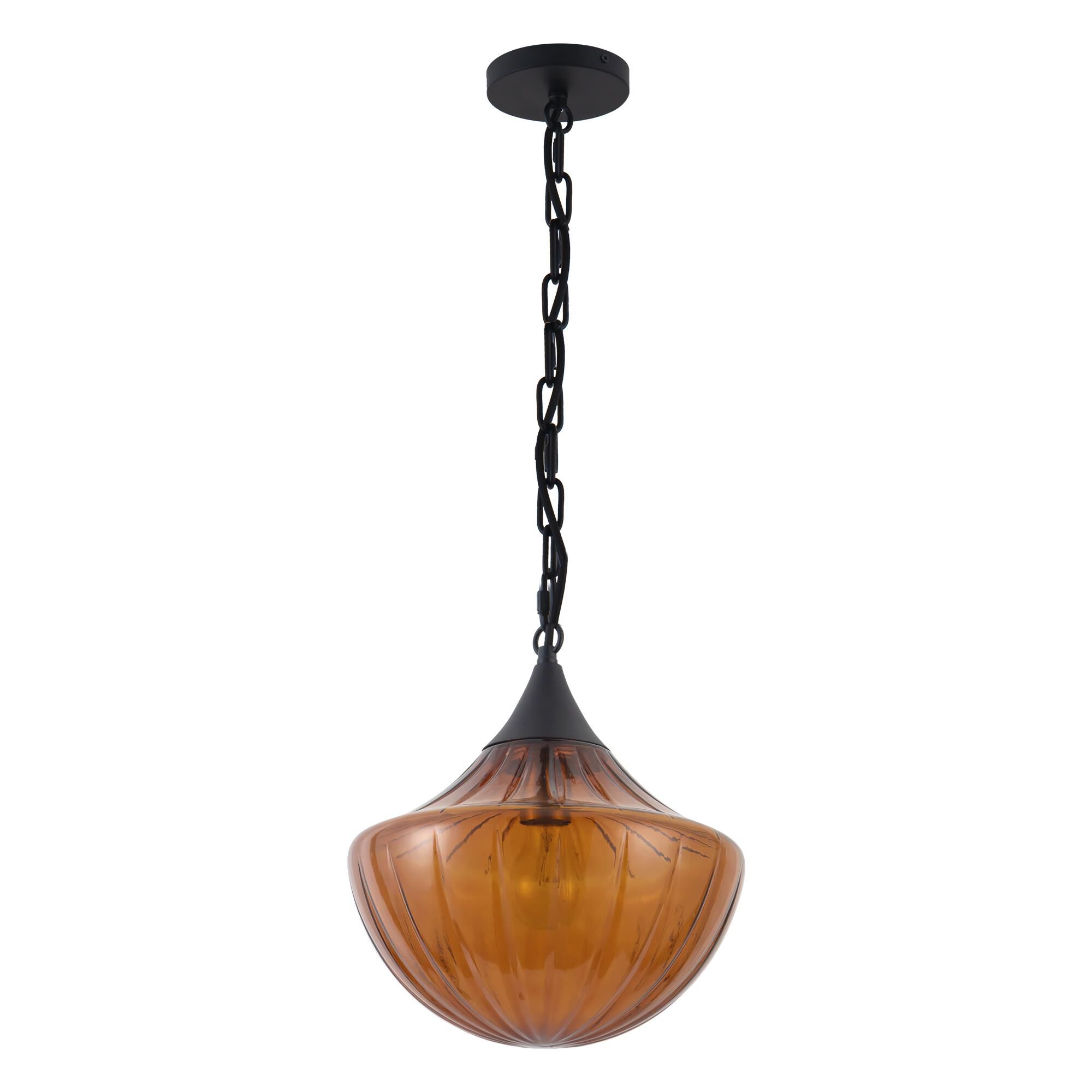 Shown in Matte Black finish and Amber Ribbed glass
