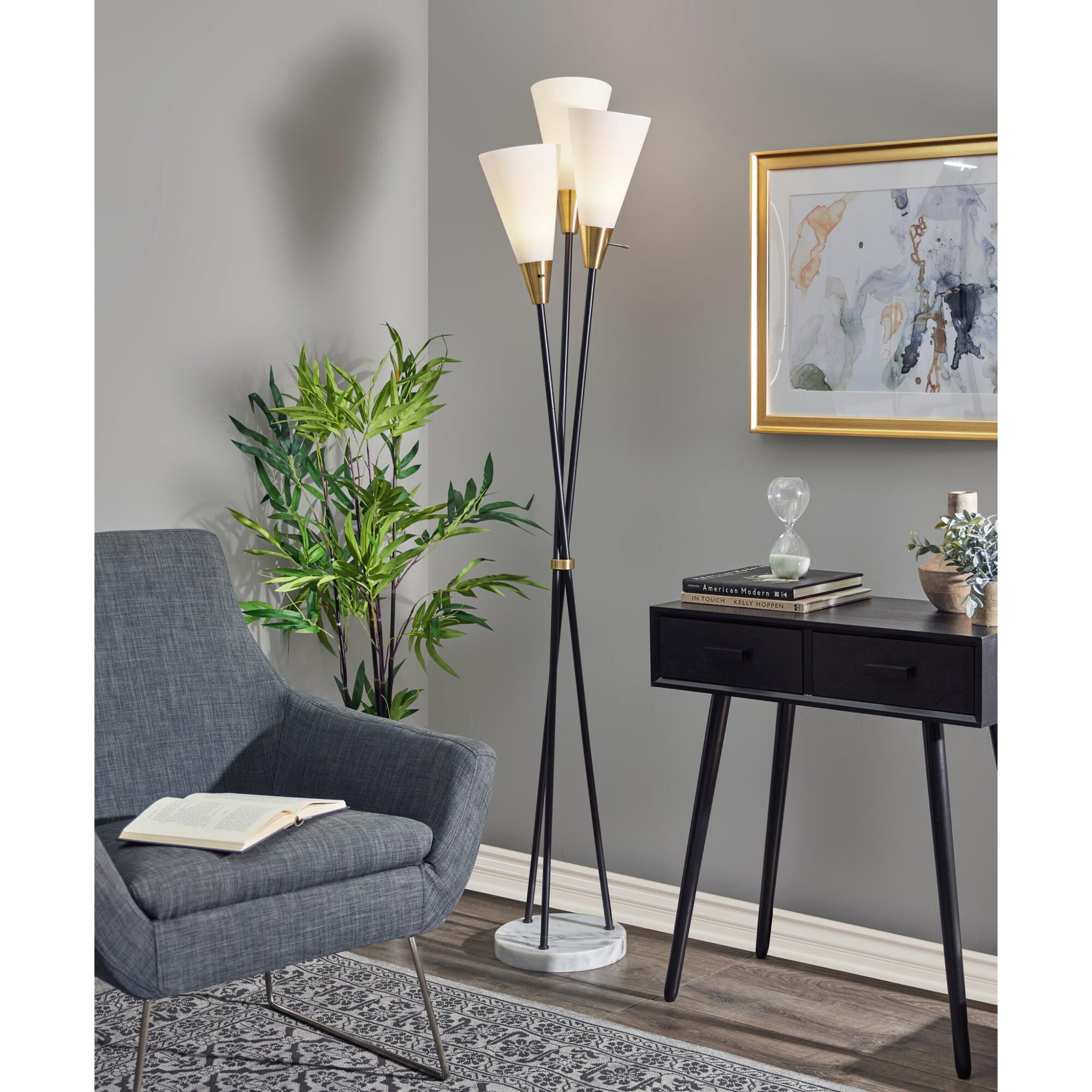 Shown in Black W. Antique Brass Accents finish and X glass and Frosted Glass shade