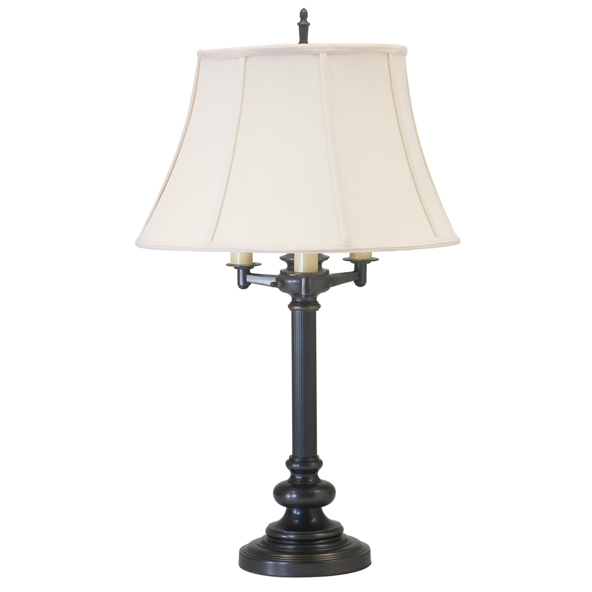 Shown in Oil Rubbed Bronze finish and Off-White Linen Softback shade