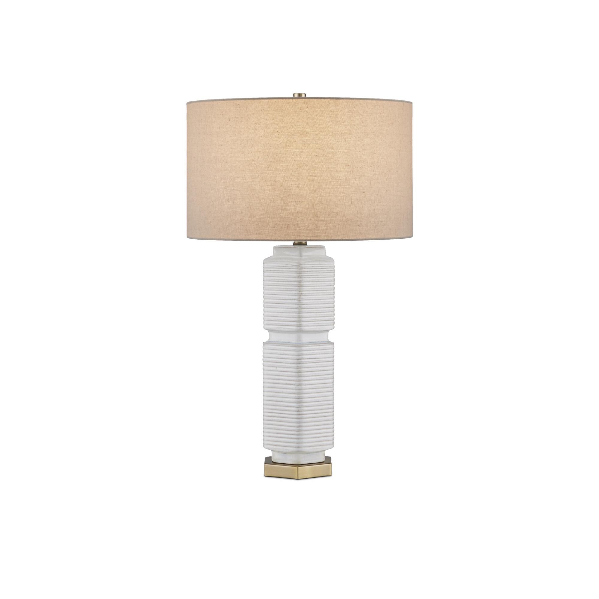 Shown in White/Beige/Blue/Antique Brass finish and Natural Linen shade