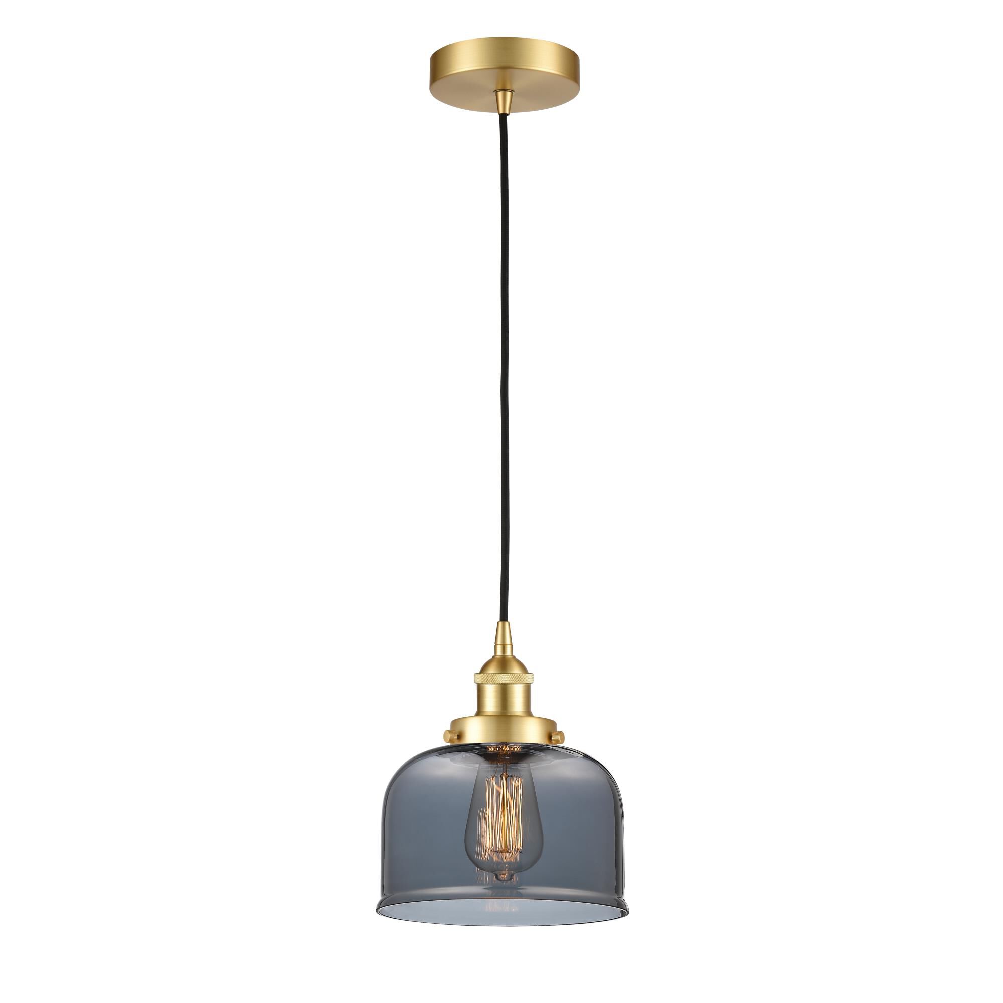 Shown in Satin Gold finish and Plated Smoke Large Bell glass