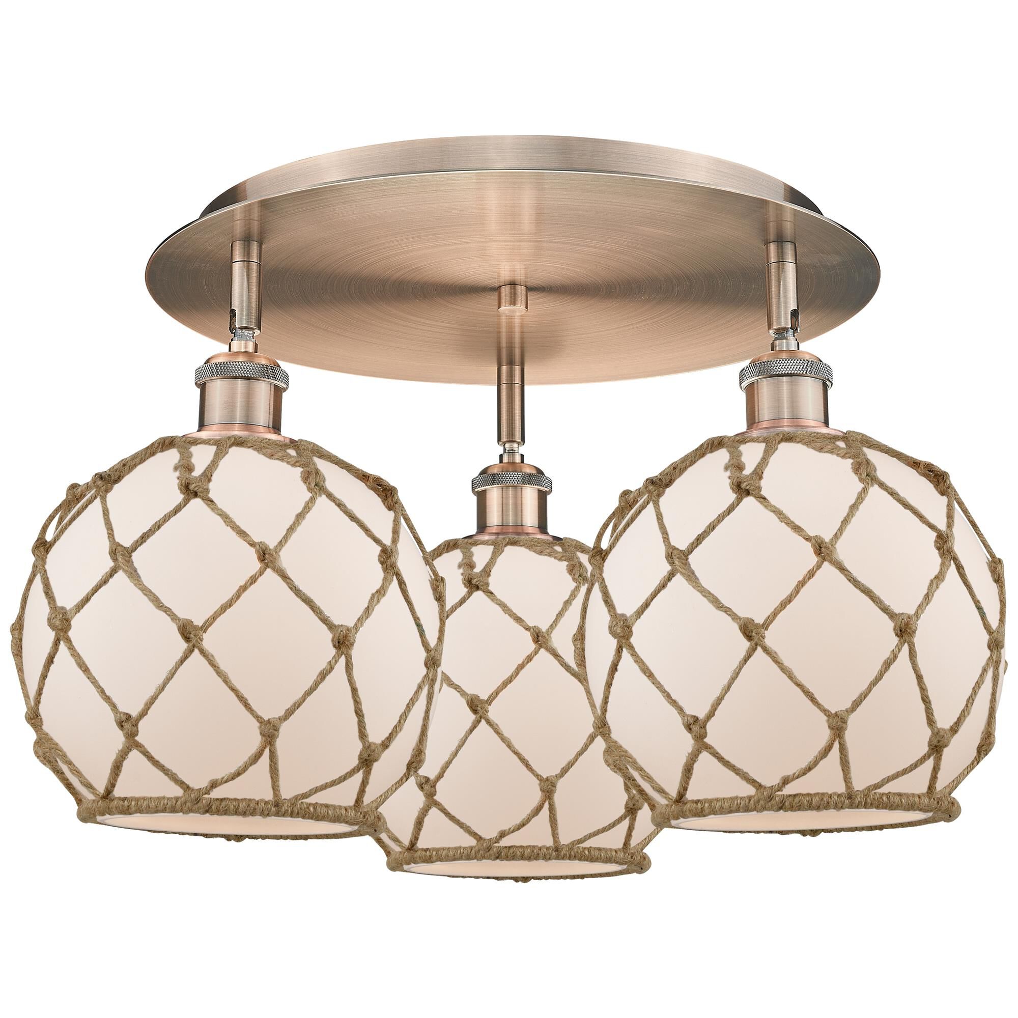 Shown in Antique Copper finish and White with Brown Rope glass