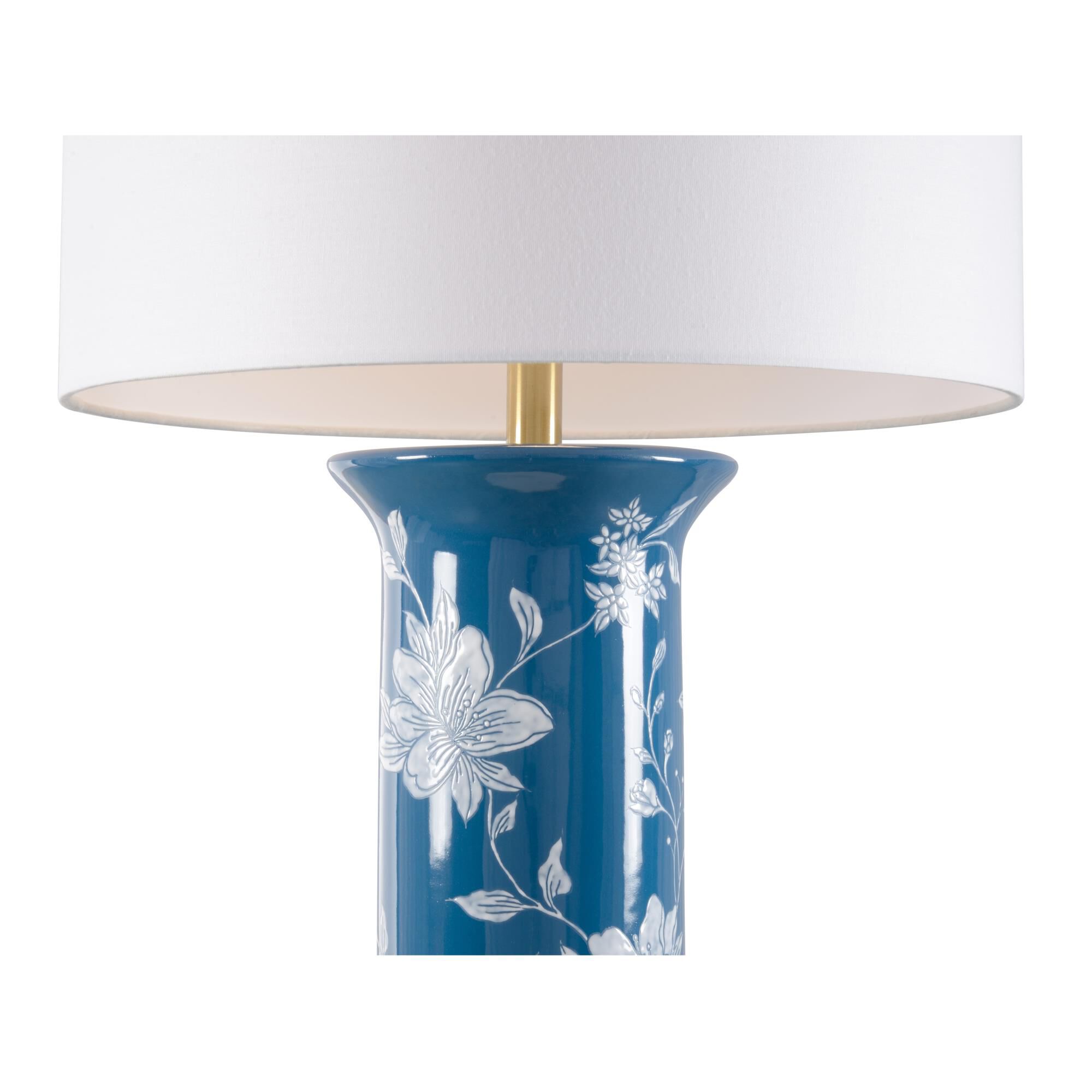 Shown in Blue Glaze, Hand Painted and Clear finish and White Linen shade