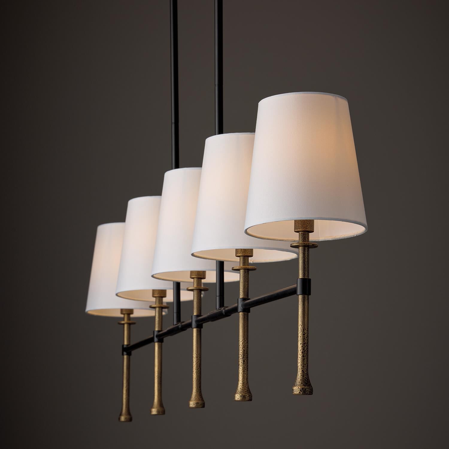 Shown in Matte Black With Hammered Gold finish and White Fabric shade