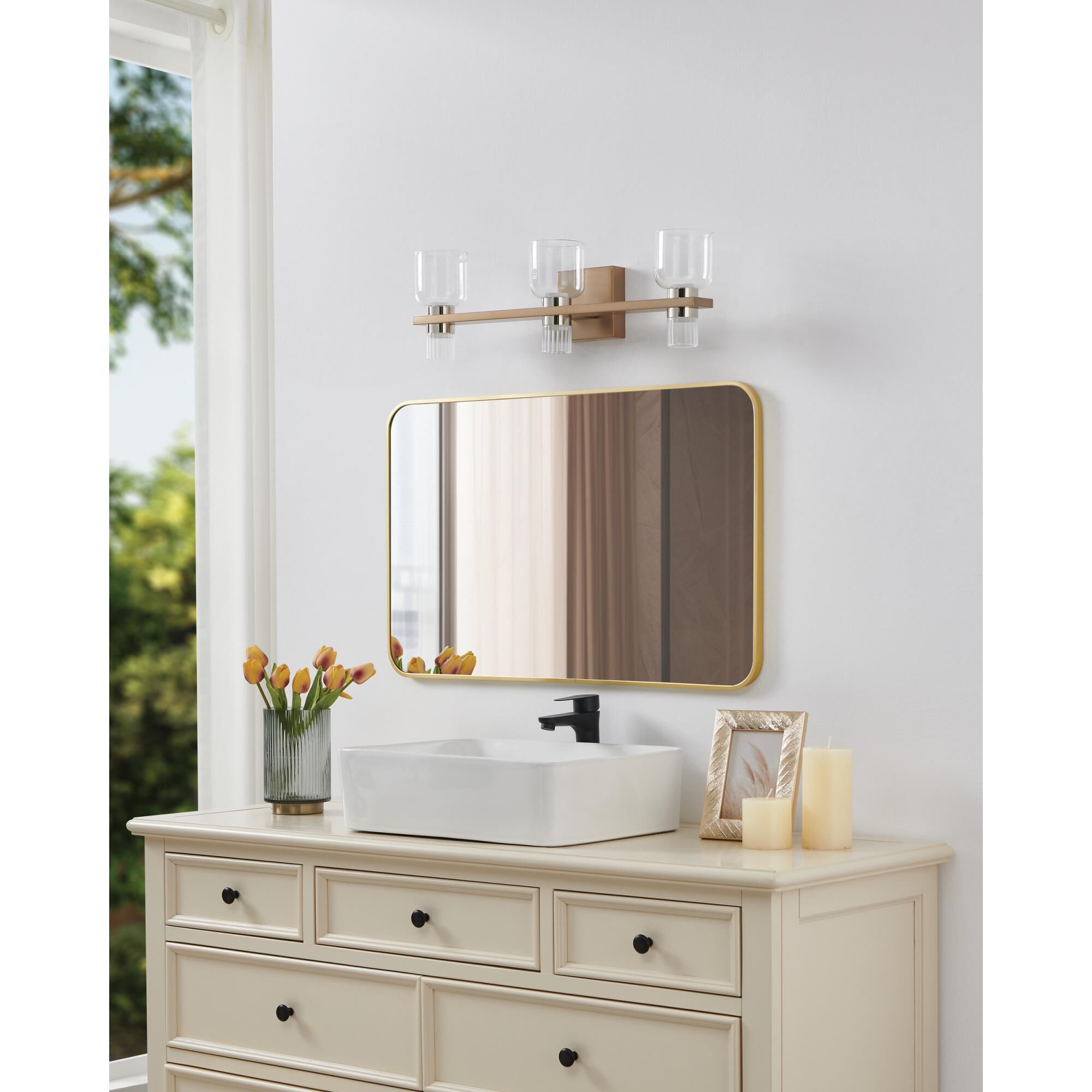 Shown in Champagne Gold finish and Clear, Clear Ribbed glass