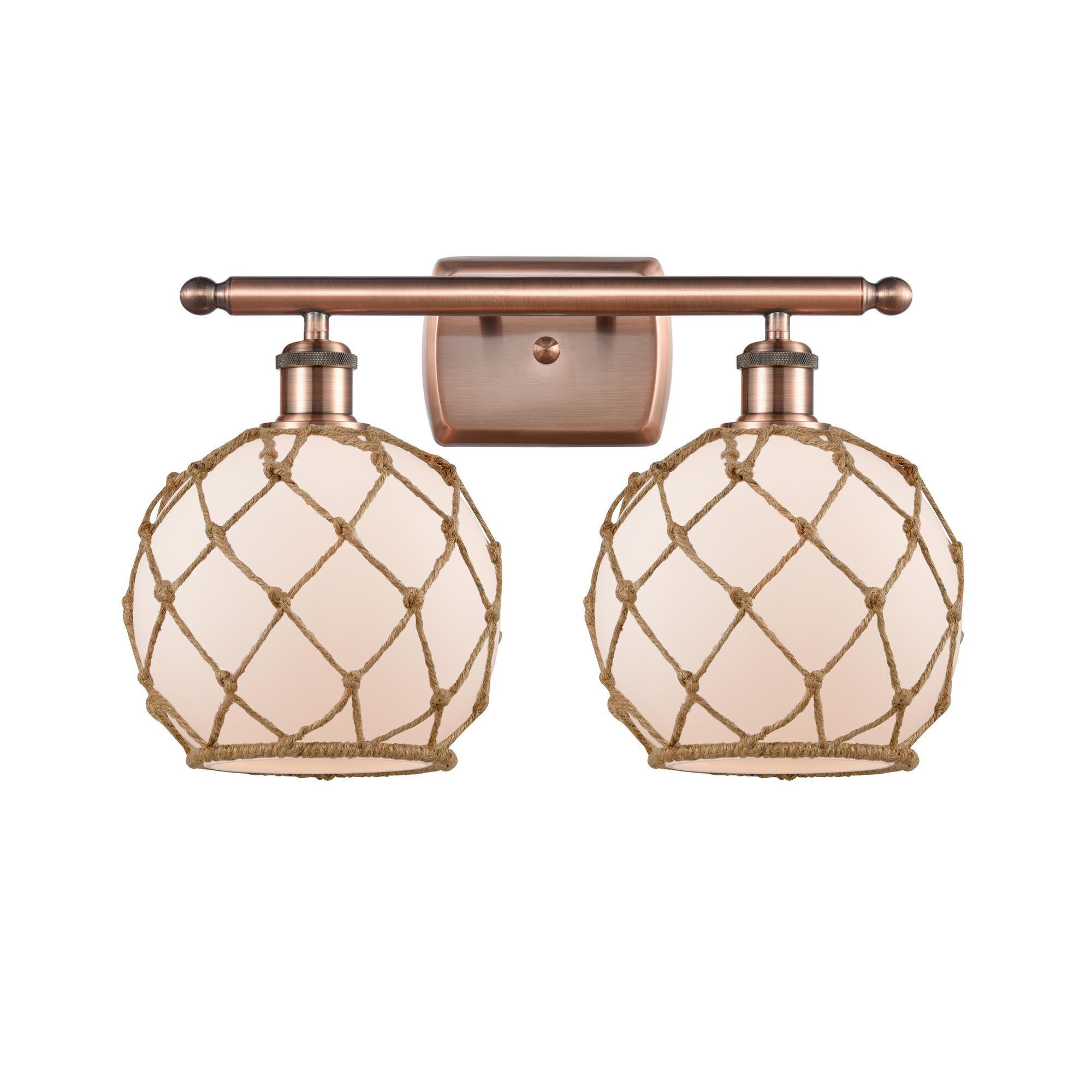 Shown in Antique Copper finish and Sphere glass and Glass And Rope shade