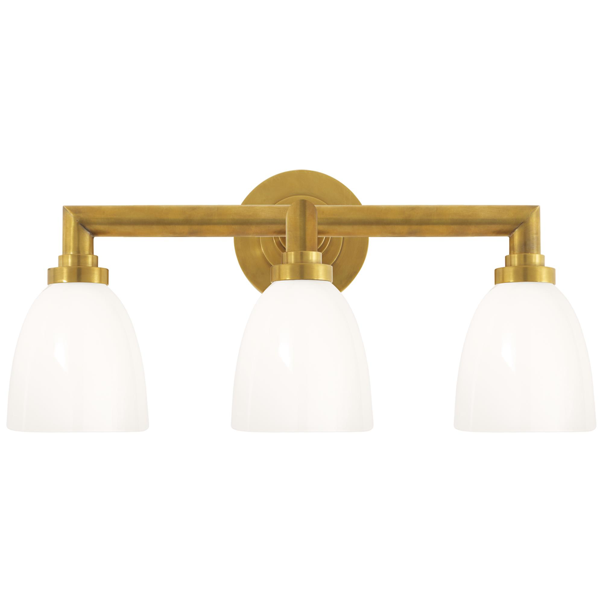 Shown in Hand-Rubbed Antique Brass finish and White glass