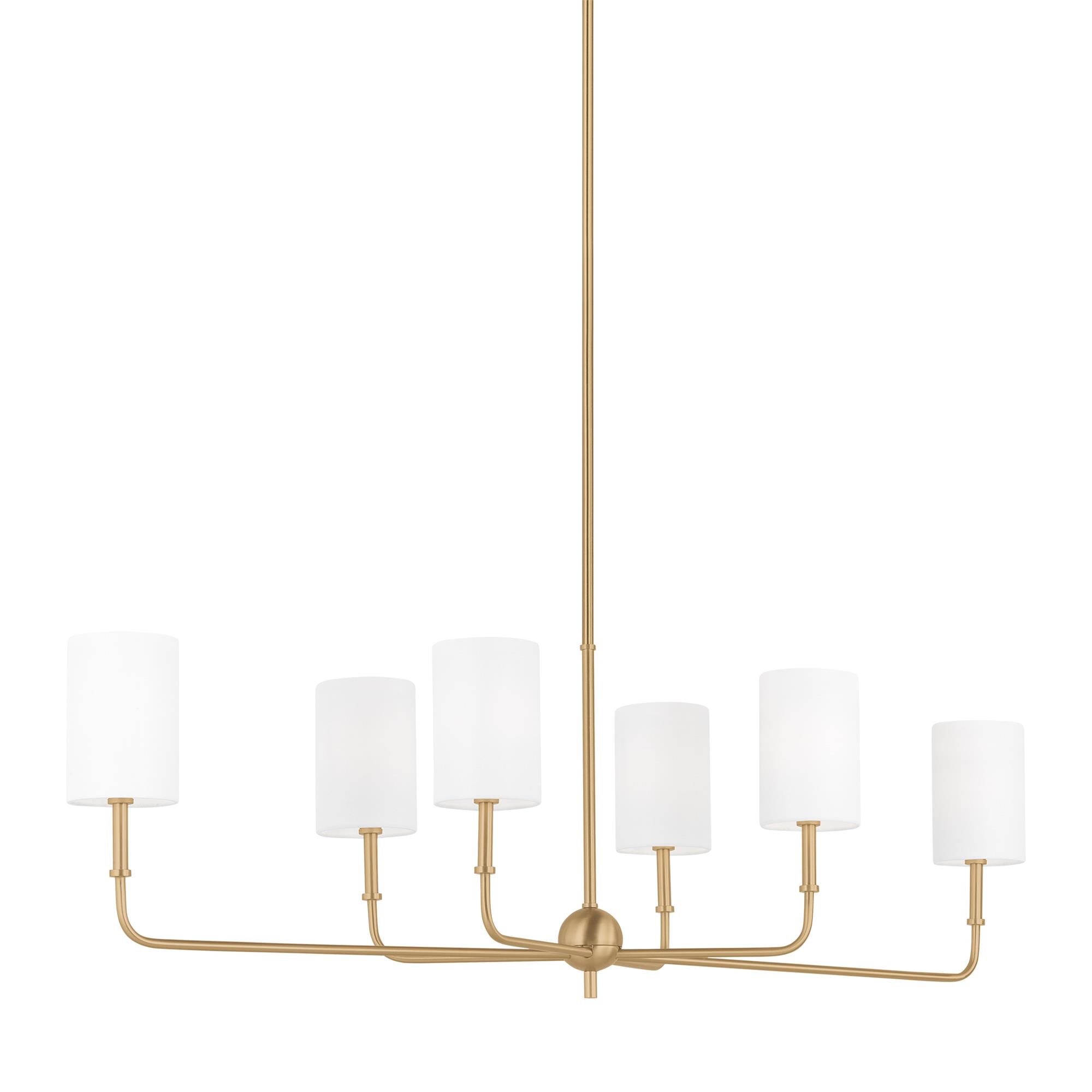 Shown in Satin Brass finish and White Linen glass and White Linen Fabric s shade