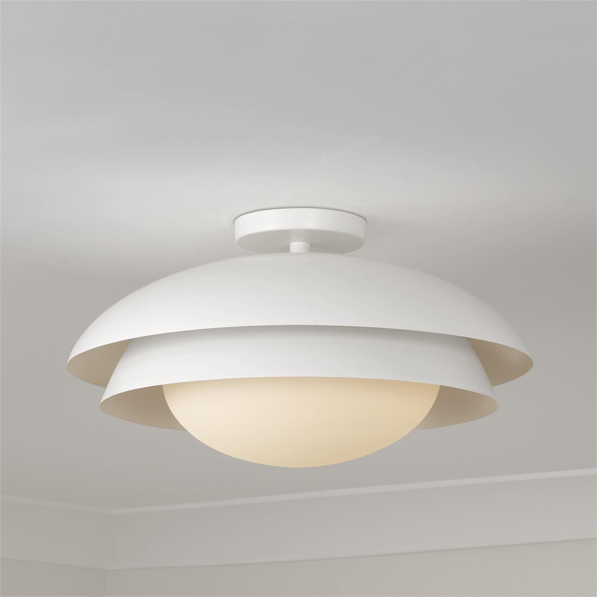 Shown in Matte White finish and Soft White glass and White Metal shade