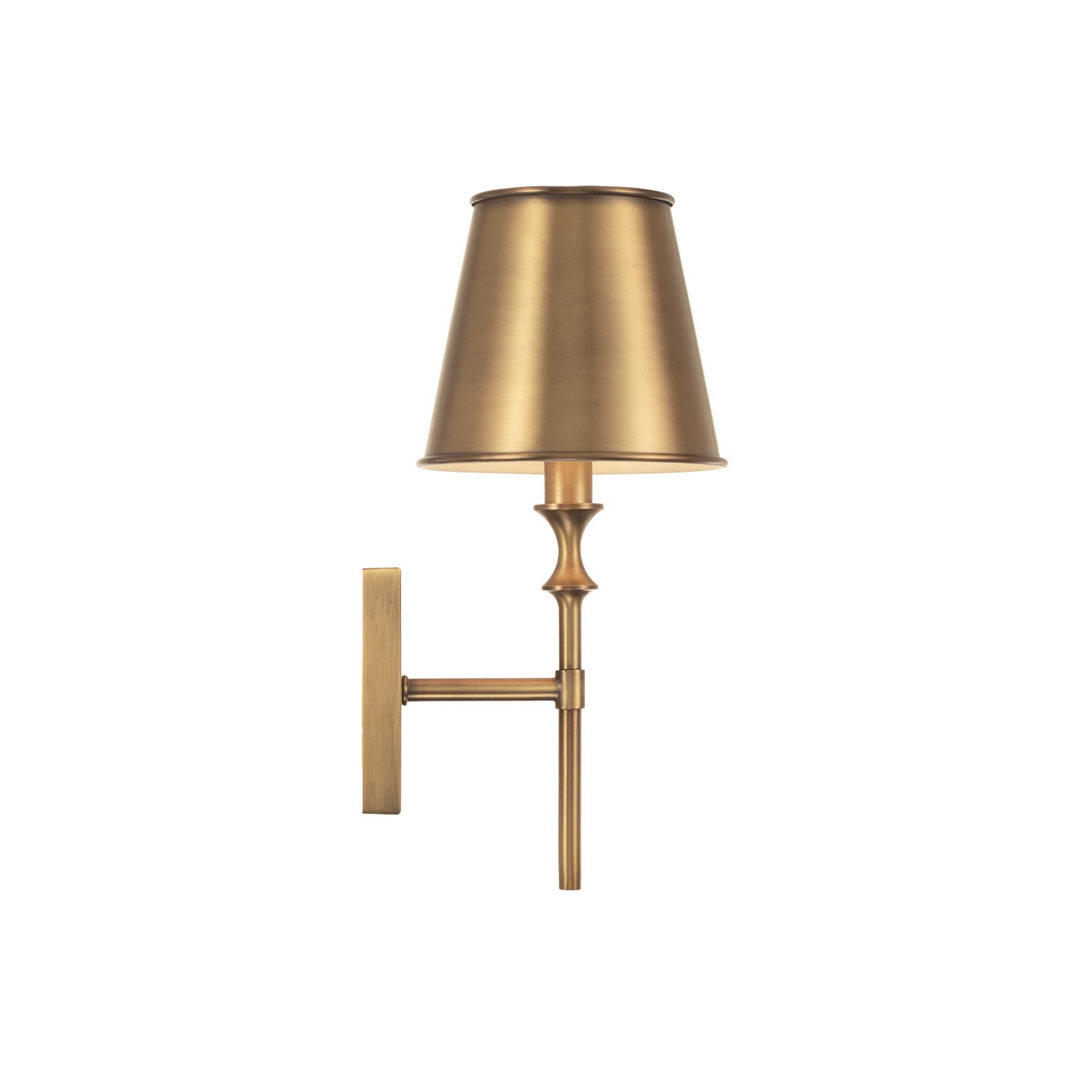 Shown in Aged Brass finish and Aged Brass Metal Stay-Straight  with White Interior shade