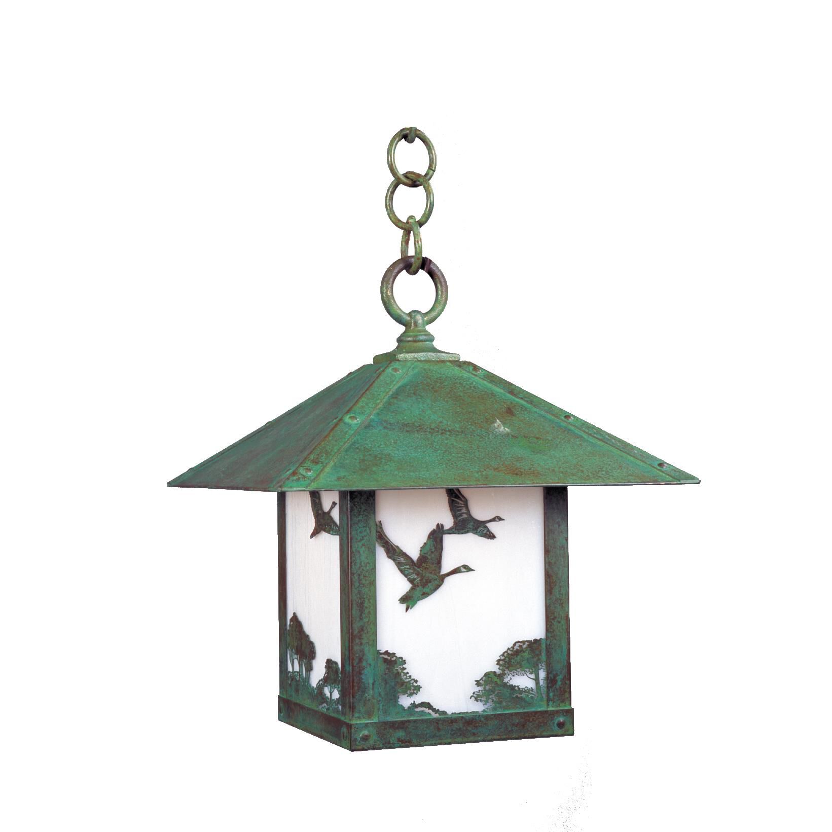 Shown in Verdigris Patina finish and White Opalescent glass and Goose accent