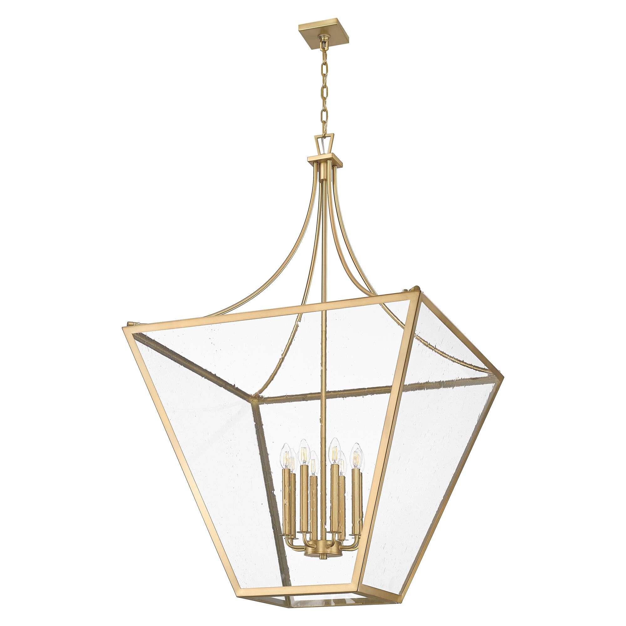 Shown in Rubbed Brass finish and Clear Seedy glass