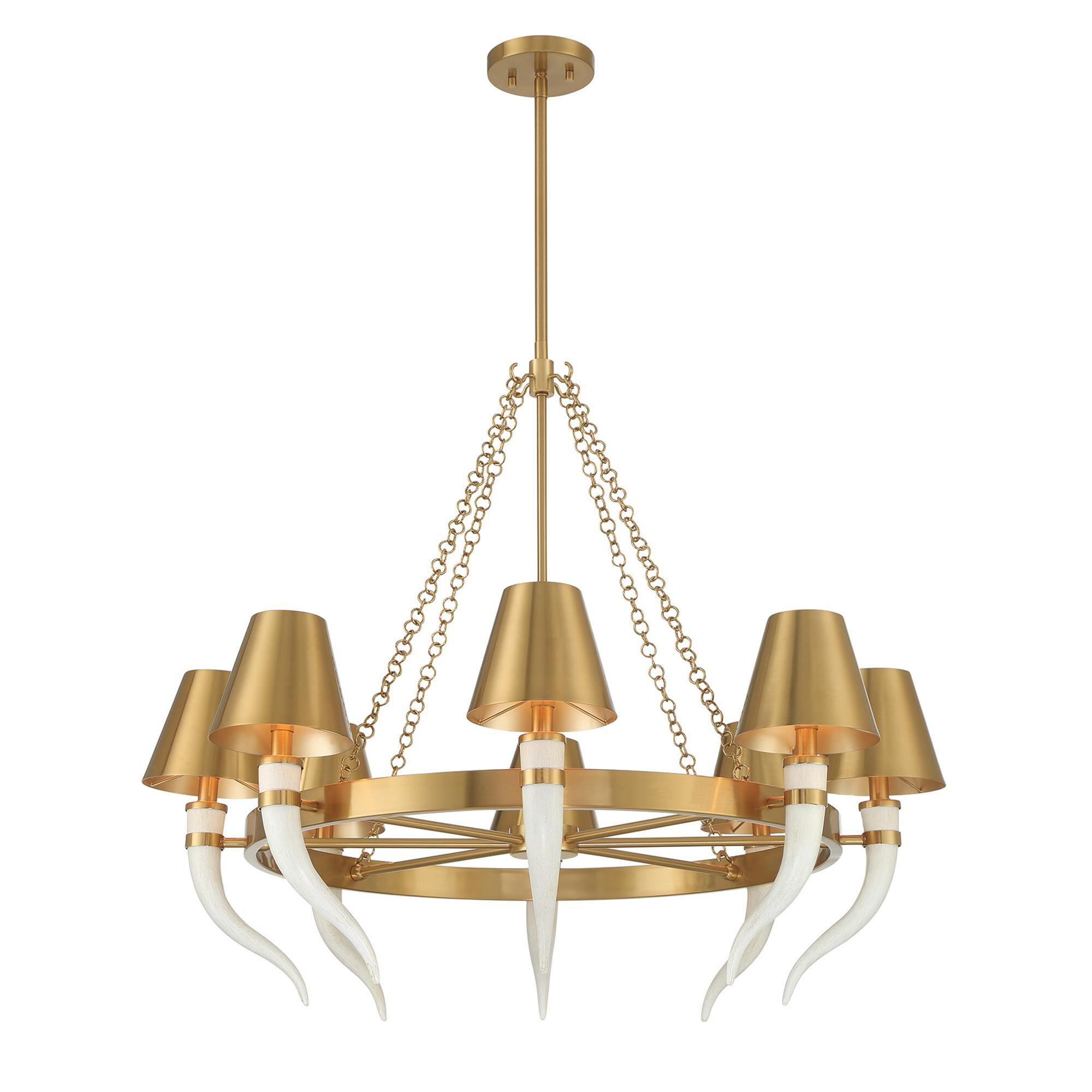Shown in Warm Brass finish and Warm Brass Metal shade and Curved Faux Horns accent