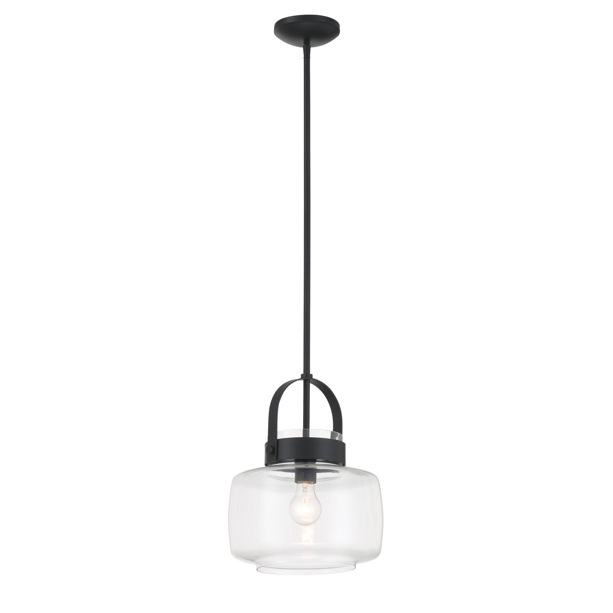 Shown in Dark Matte Black finish and Clear glass and Glass shade