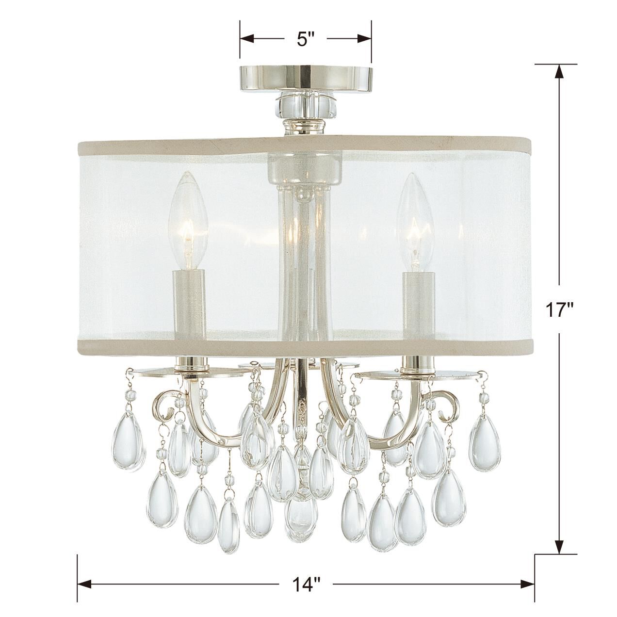 Shown in Polished Chrome finish and Clear Teardrop Almond crystal and Silk glass and Silk shade