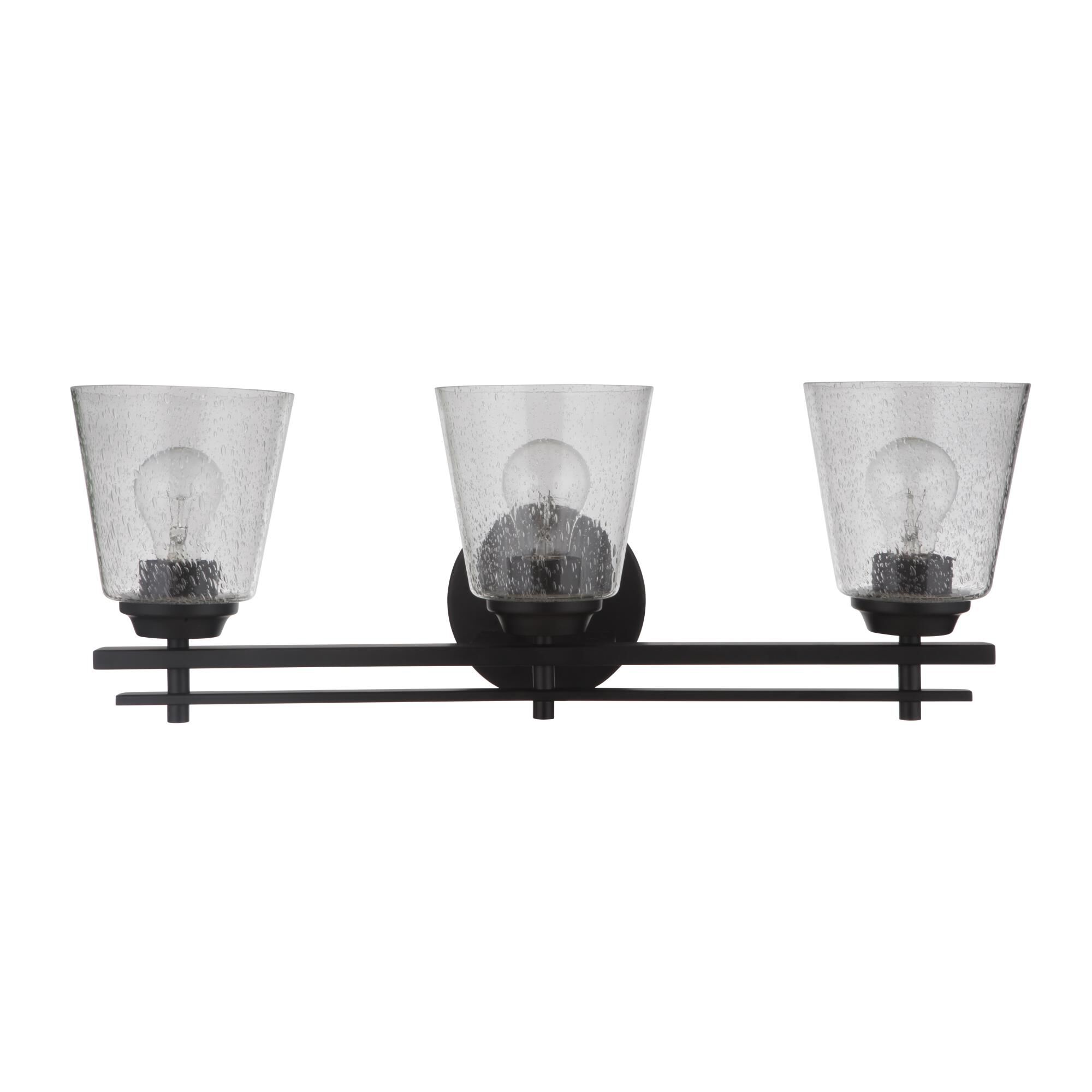 Shown in Flat Black finish and Clear Seeded glass and Glass shade