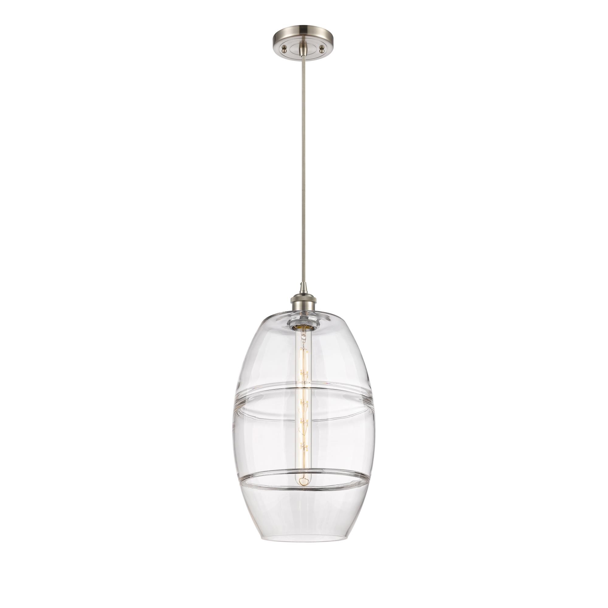 Shown in Brushed Satin Nickel finish and Clear glass