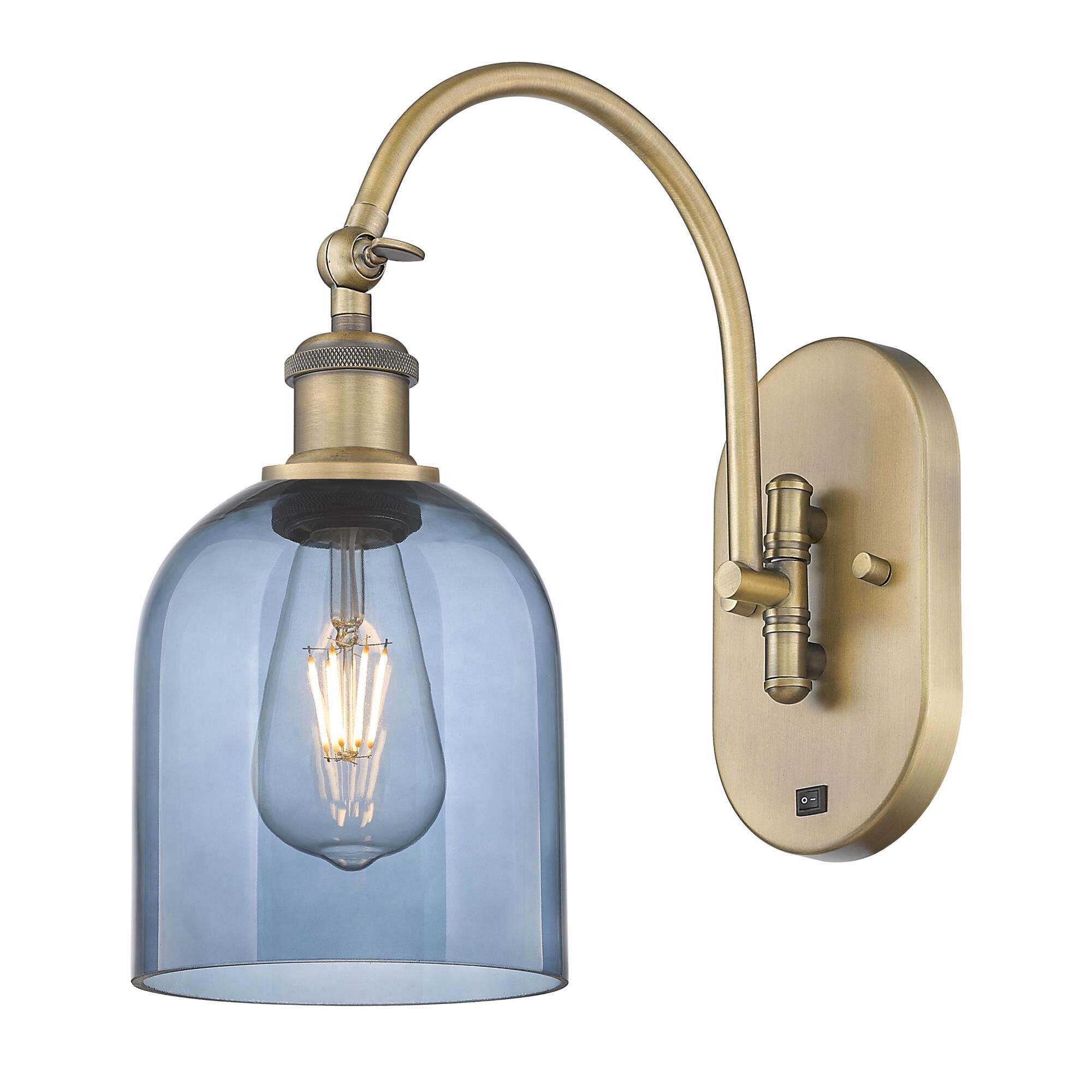 Shown in Brushed Brass finish and Princess Blue glass